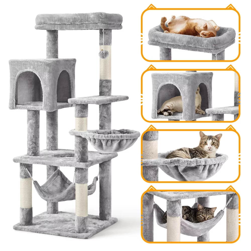 Topeakmart 52in Multilevel Cat Tree Condo Scratching Posts with Basket Hammock, Light Gray
