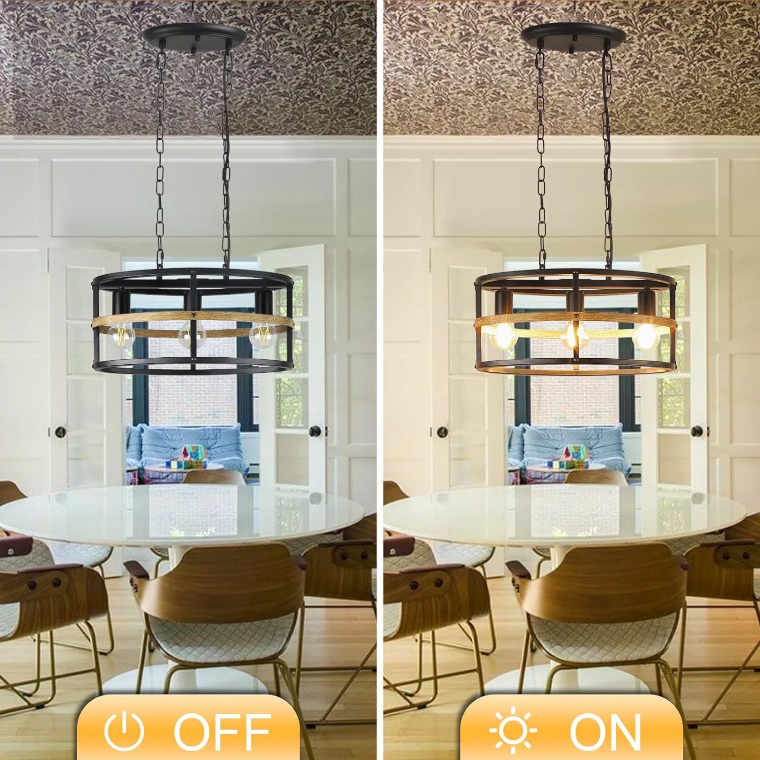 Depuley 3 Light Black Walnut Industrial Metal Cage Ceiling Chandelier Farmhouse Pendant Light  Hanging Oval Lighting Fixture for Living Room Dining Kitchen Island, E26 Socket