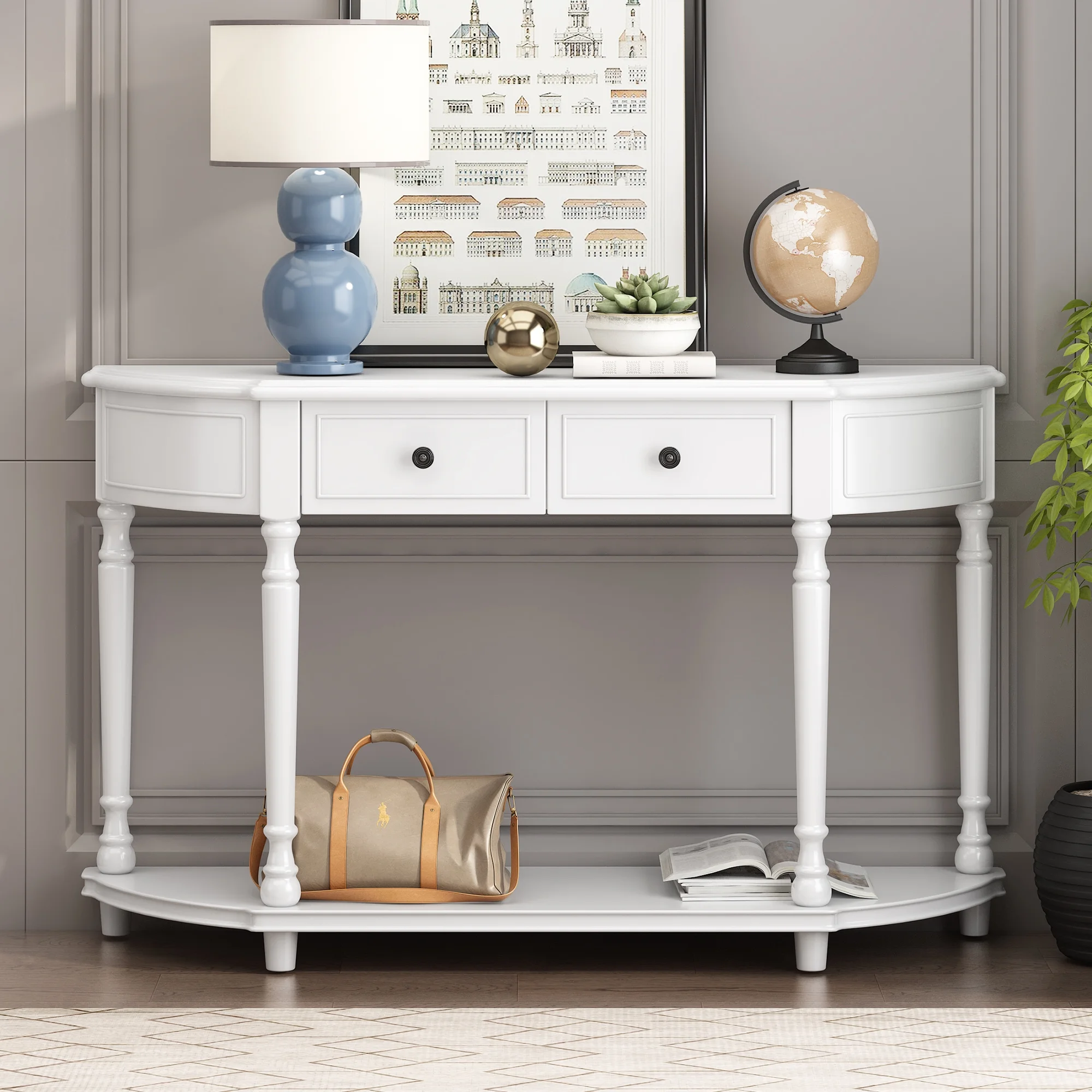 Retro Circular Curved Design Console Table with Open Style Shelf Solid Wooden Frame and Legs Two Top Drawers (White, OLD SKU: WF298768AAK)