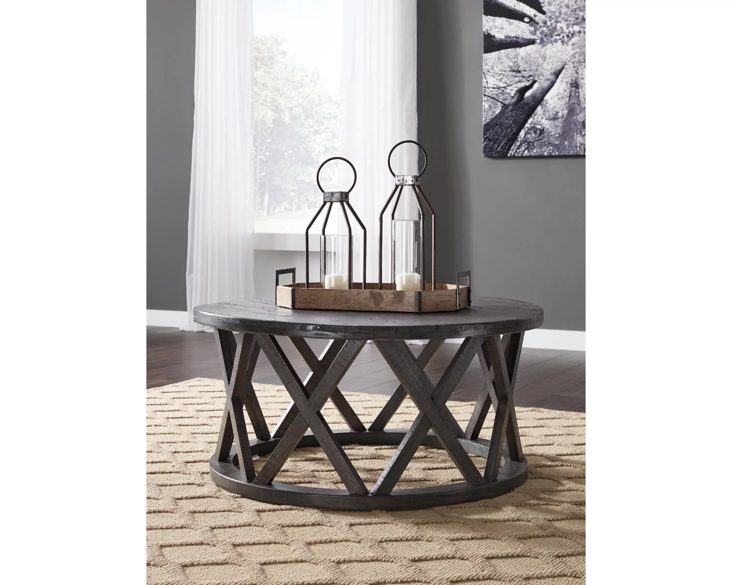 Signature Design by Ashley Sharzane Rustic Round Solid Wood Pine Coffee Table, Weathered Gray Finish
