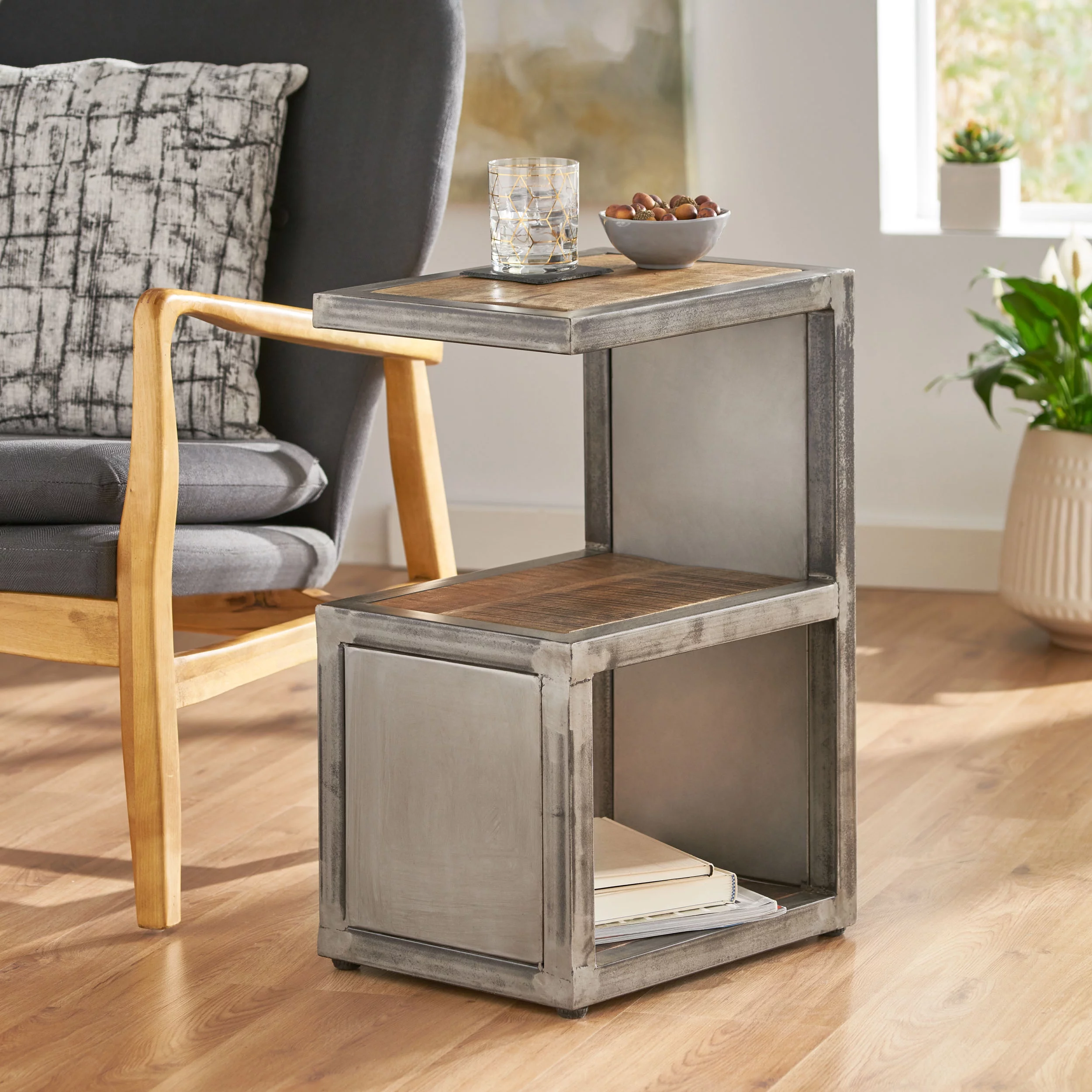 GDF Studio Clary Modern Industrial Handcrafted Mango Wood Side Table, Natural and Gray