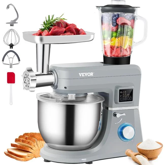 Vevor 5-in-1 Stand Mixer, 660W Tilt-Head Multifunctional Electric Mixer with 6 Speeds LCD Screen Timing - Gray