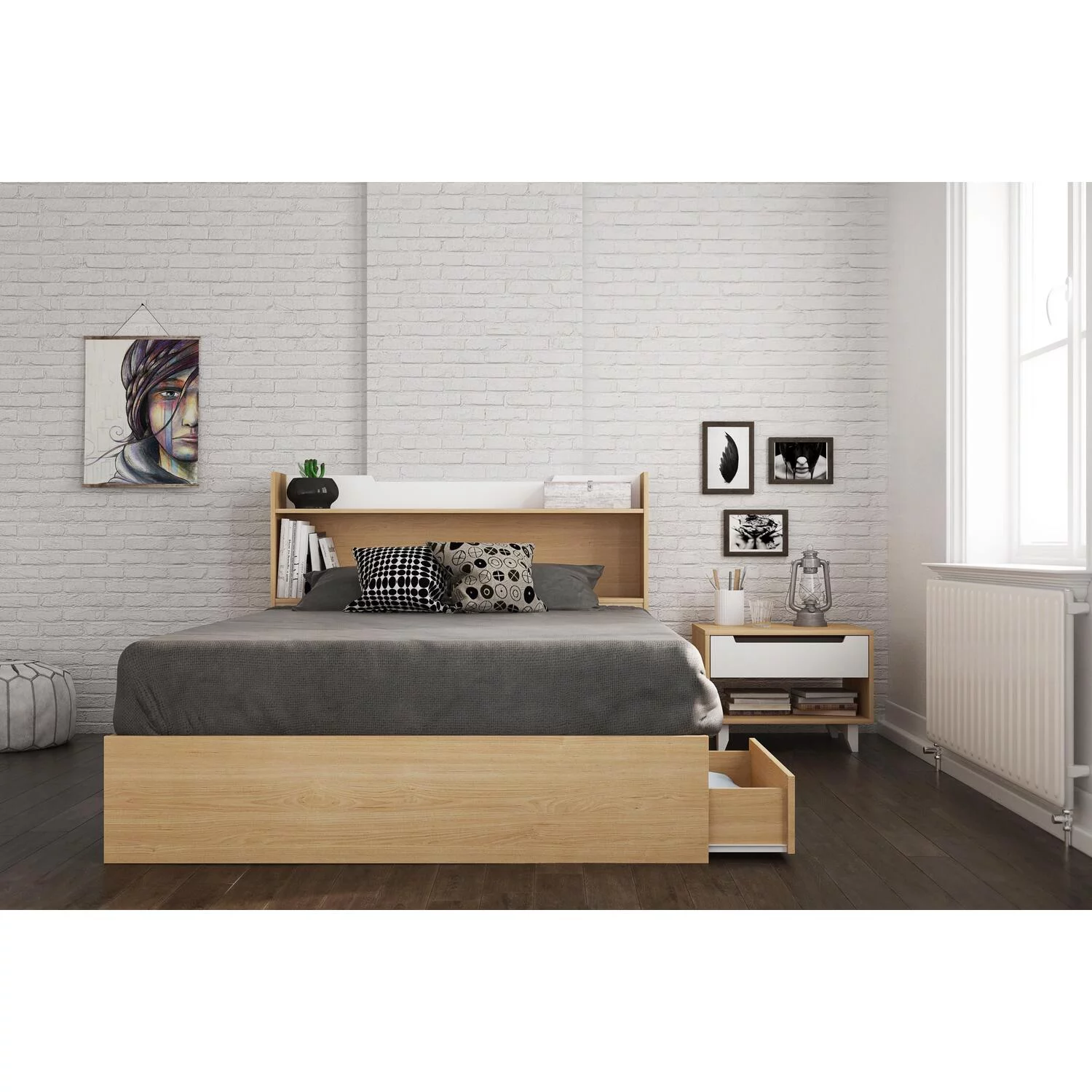 Nexera Nomad Full Size Bed BUNDLE #400944-Finish:Natural Maple laminate and White Matte Lacquer