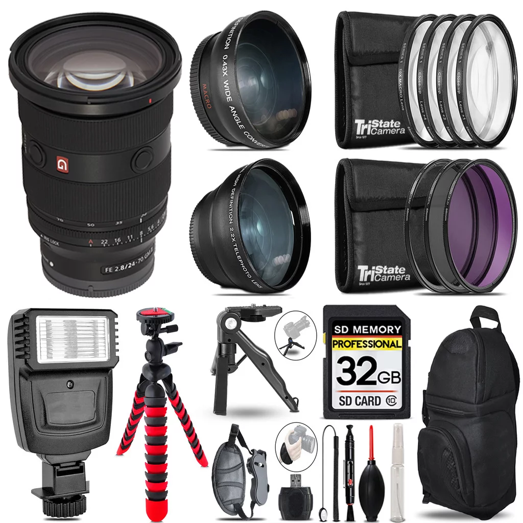 Sony FE 24-70mm f/2.8 GM II Lens -3 Lens Kit + Slave Flash + Tripod - 32GB Accessory Bundle