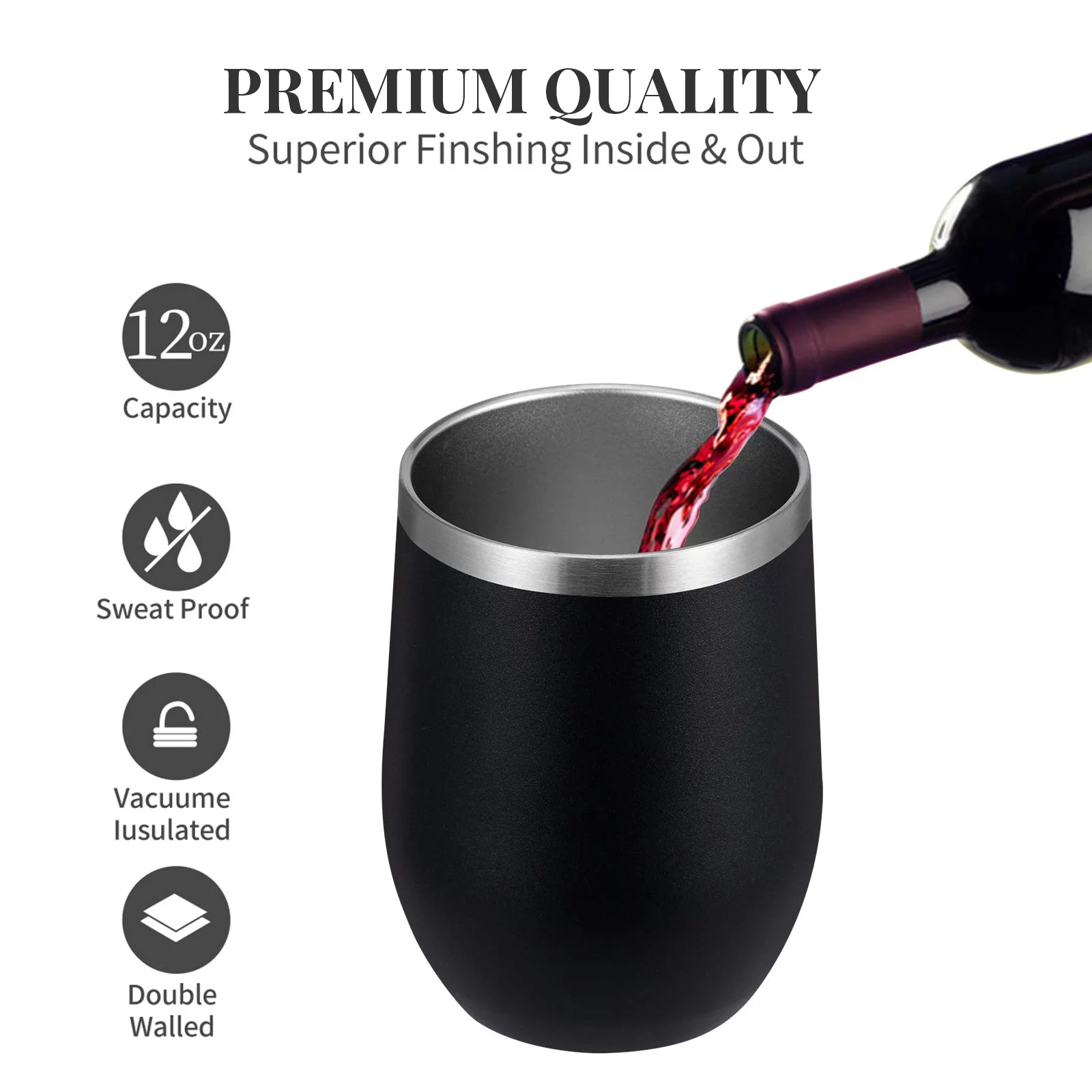 Wine Tumbler, 12oz Insulated Wine Tumbler with Lid and Straw, Double Wall Vacuum Stainless Steel for Cold & Hot Drinks Black