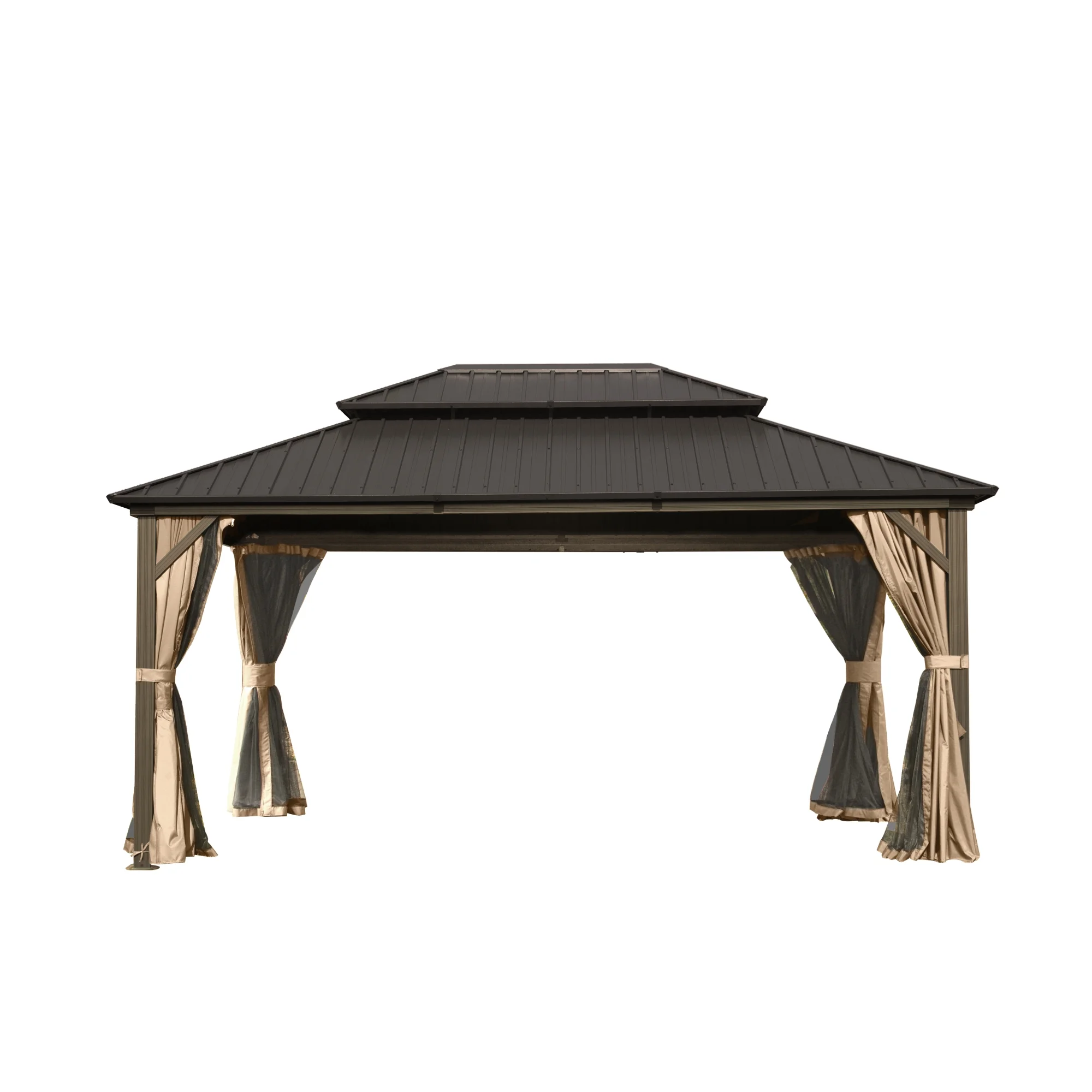 Homiyad 12' X 14' Hardtop Gazebo, Aluminum Metal Gazebo with Galvanized Steel Double Roof Canopy, Curtain and Netting, Permanent Gazebo Pavilion for Party, Wedding, Outdoor Dining, Brown