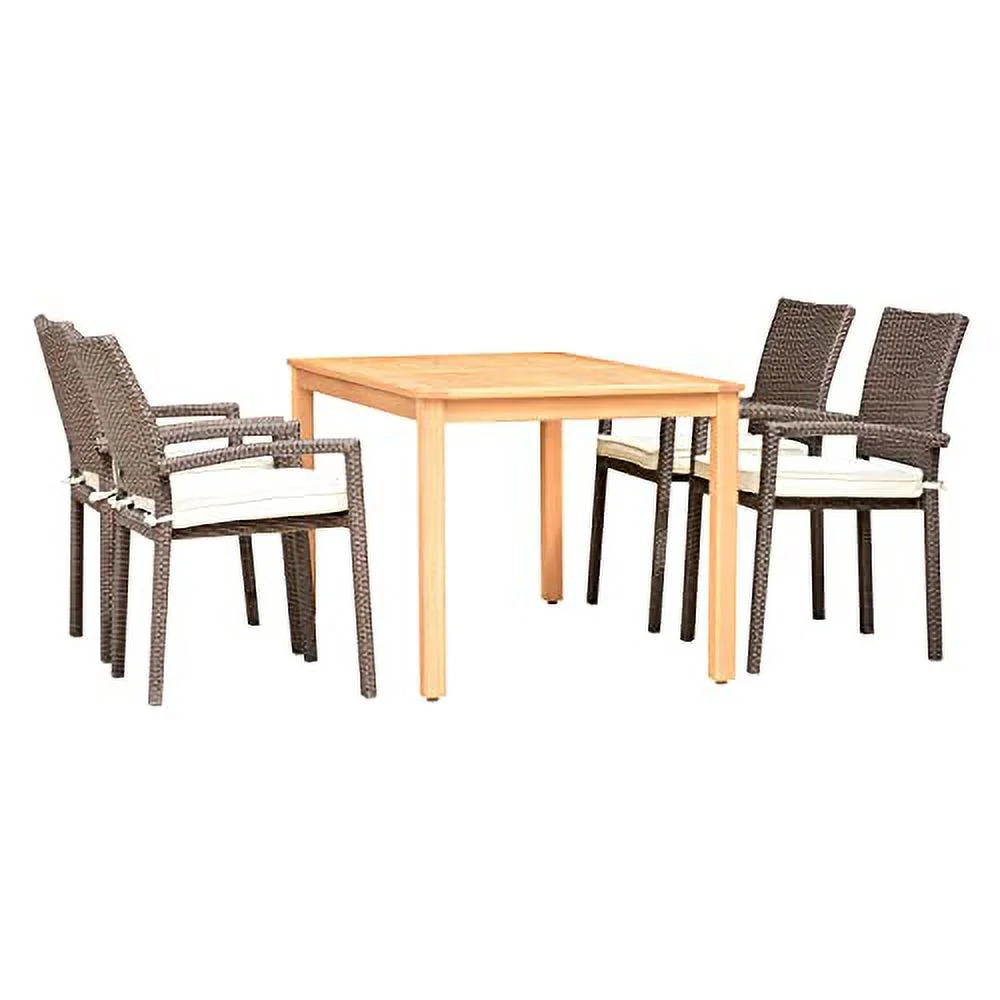 International Home Miami Amazonia Brooklyn 5 Piece Rectangular Eucalyptus Patio Dining set  Teak Finish and Grey Wicker Arm Chairs Durable and Ideal for Outdoors