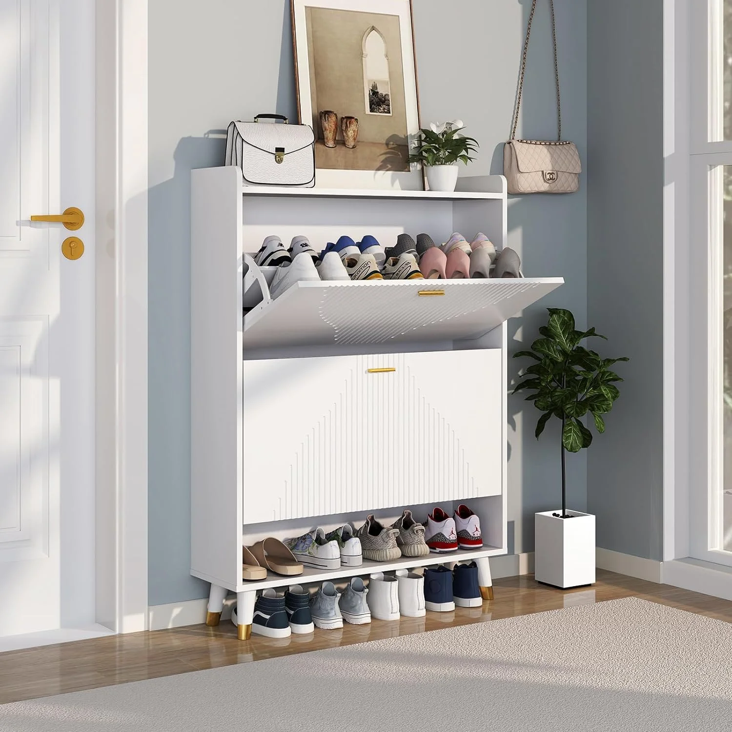 Shoe Storage Cabinet with 2 Flip Drawers, Slim Wooden Freestanding Shoe Cabinet with Cubby and Shelf, Hidden Narrow Shoes Rack Organizer for Entryway Hallway, Holds 24 Pairs, White