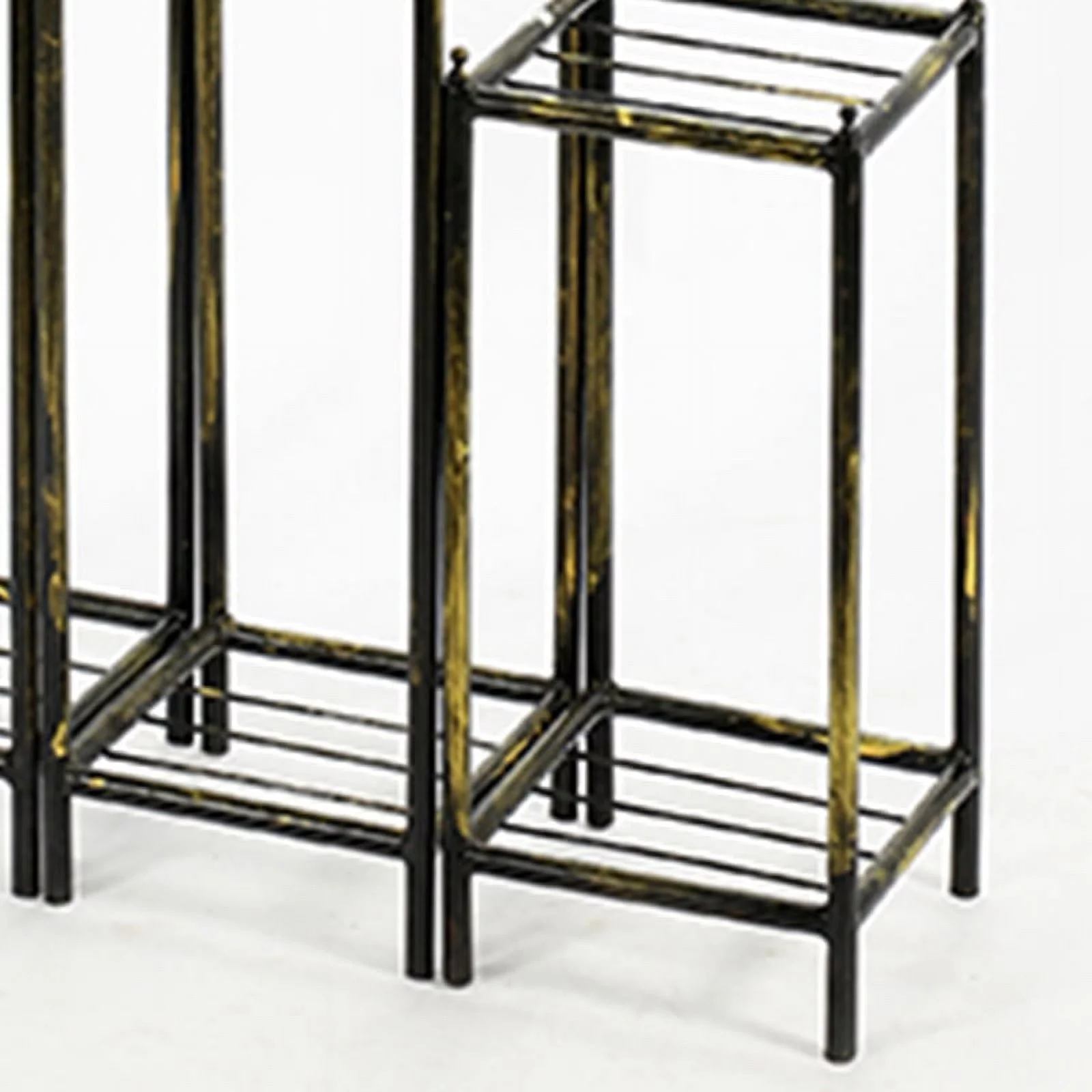 Benjara 40, 29, 17 Inch 2 Tier Square Metal Plant Stand, Slatted, Set of 3, Black, Gold