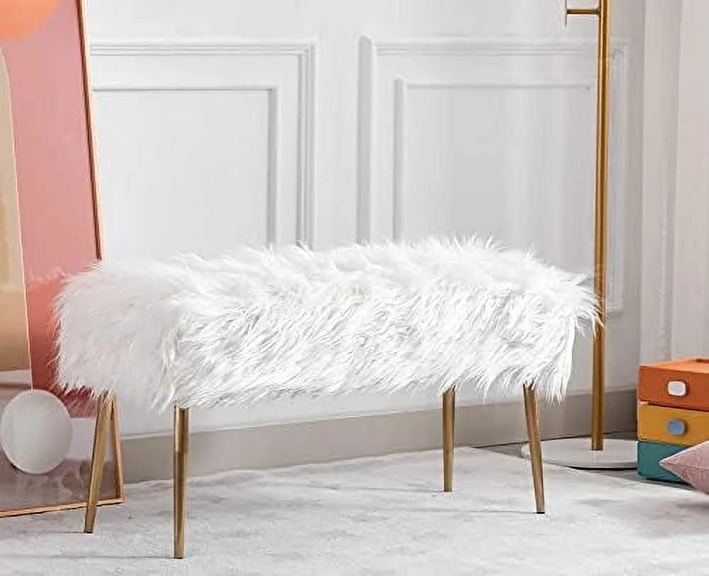 GEROBOOM Modern Faux Fur Acrylic Entryway Bench  Fuzzy End of Bed Bench Footrest Vanity Stool Ottoman Bench for Bedroom Living Room  White