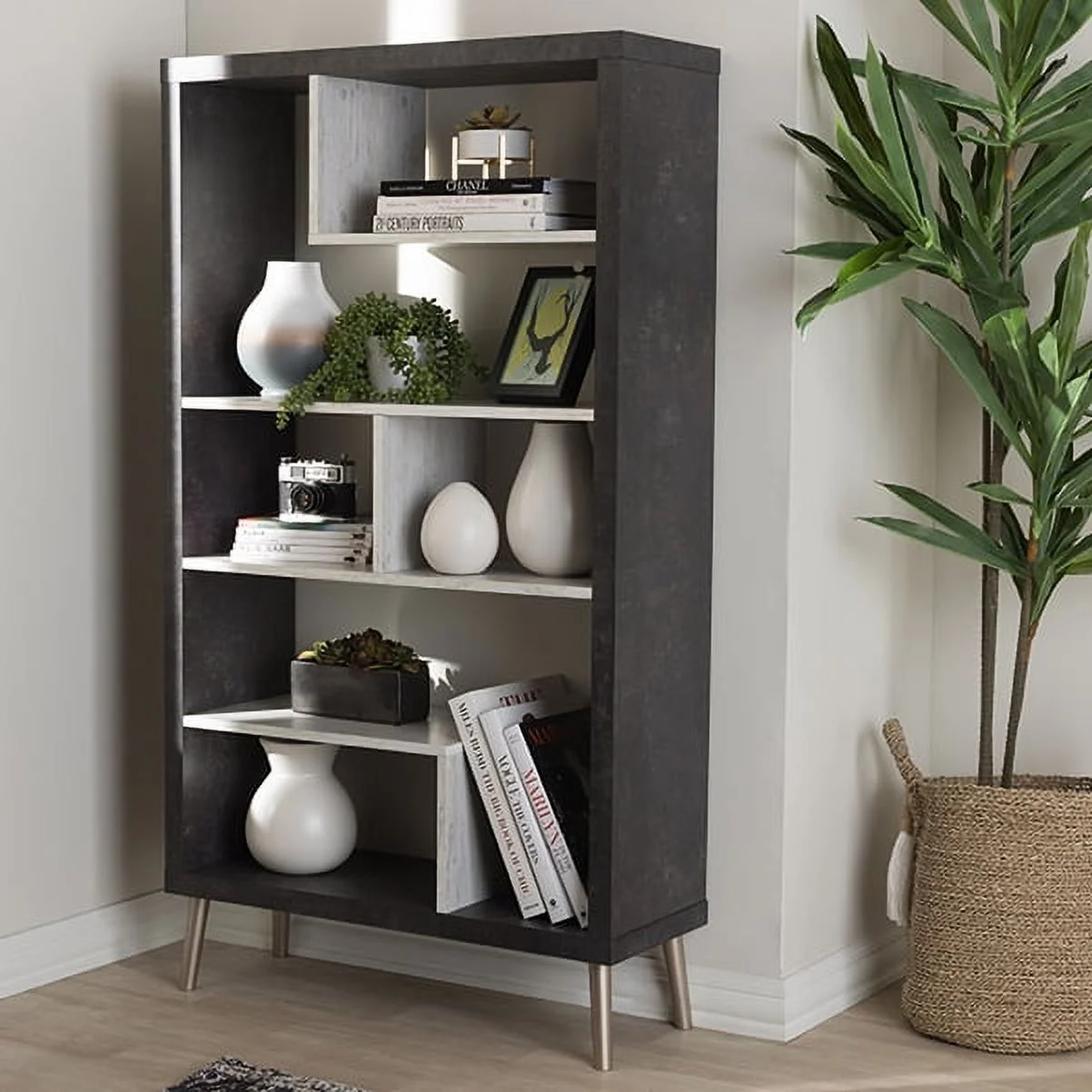Atlantic Modern and Contemporary Dark Brown and Light Grey Two-Tone Finished Wood Display Shelf