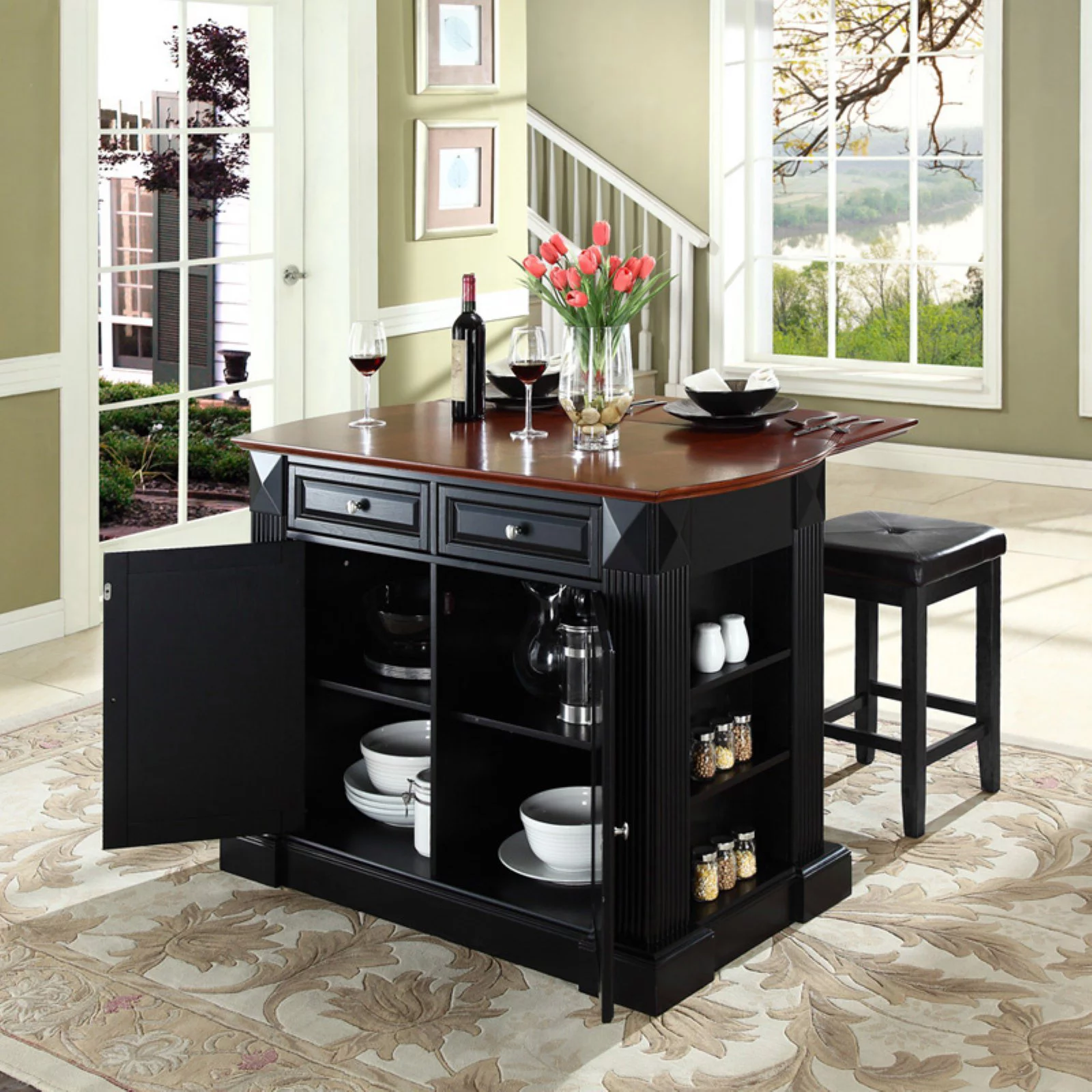 Crosley Drop Leaf Breakfast Bar Top Kitchen Island with 24 in. Upholstered Square Seat Stools