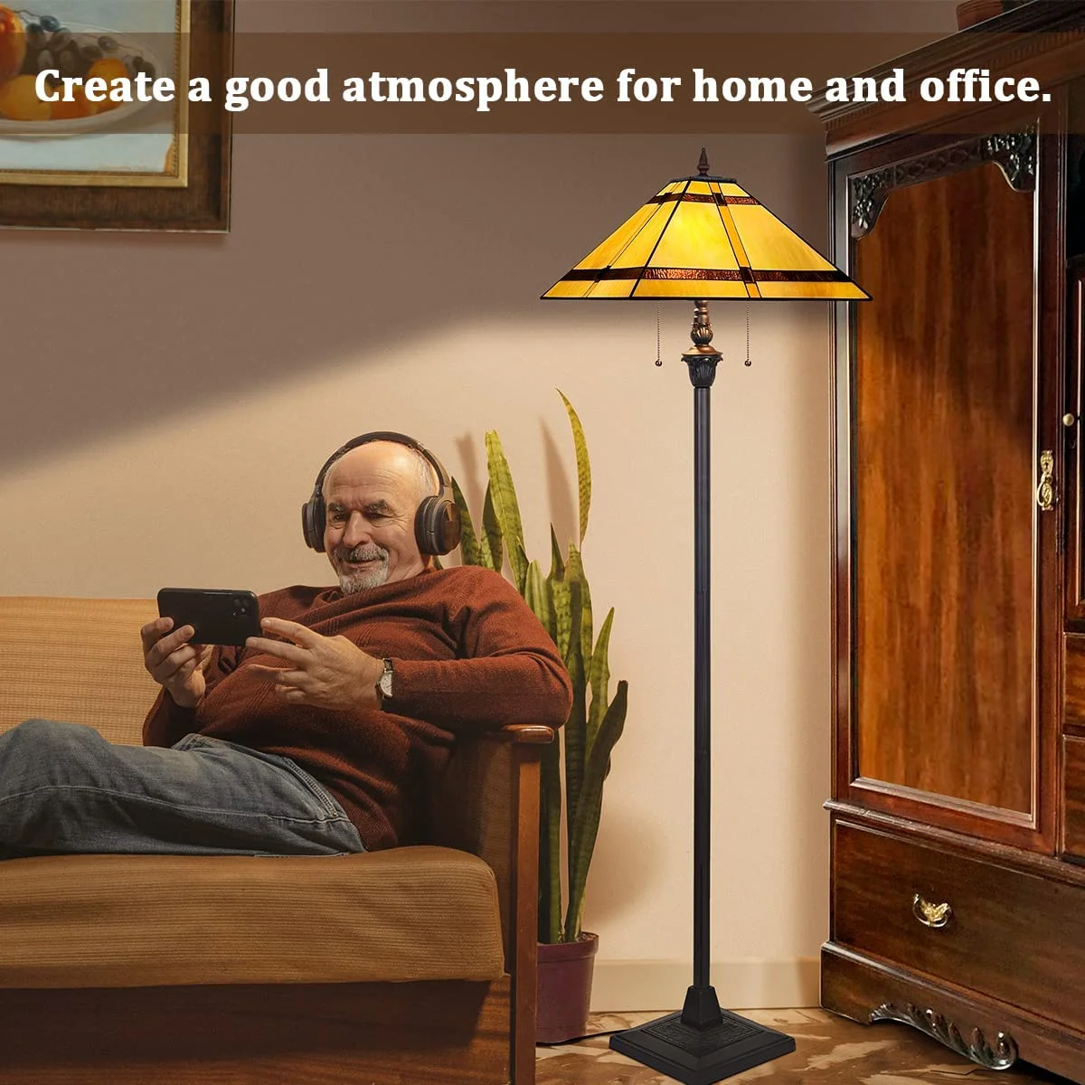 Tiffany Floor Lamp, Stained Glass Floor Lamp, Cream Cross Mission Style Floor Lamp 16X16X65 Inches Tiffany Style Reading Lamps for Living Room Bedroom Home Office