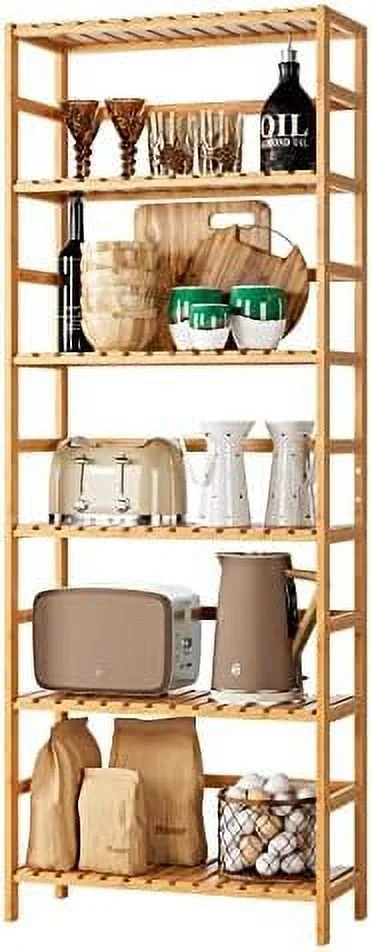 MQLIFEBOOM 6-Tier     Bookcase with Adjustable Shelves  Free Standing   Unit  Plant Flower Stand for Kitchen  Bathroom  Home Office  Natural