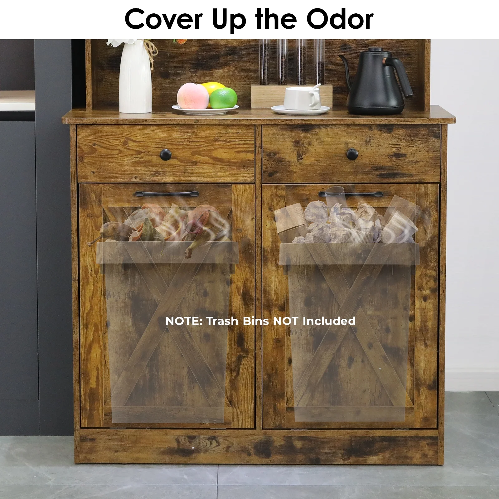 LAZY BUDDY Dual Tilt Out Trash Cabinet, 20 Gallon Kitchen Hidden Garbage Can Cabinet Tall Freestanding Kitchen Pantry Cabinet, Brown