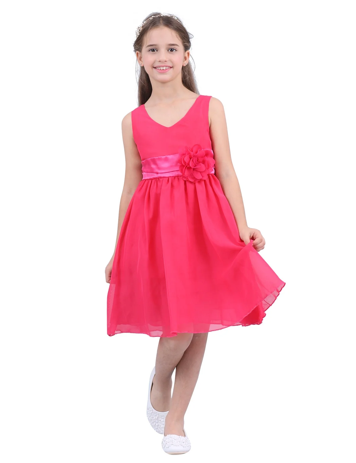 Miaeowve Kids Chiffon Wedding Bridesmaid Flower Girl Dress Summer Birthday Party Sleeveless V Neck Ball Gown Rose 6