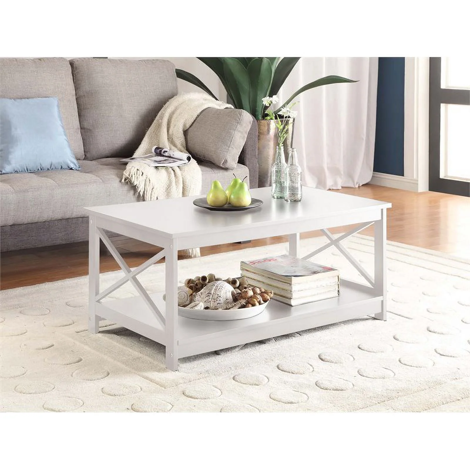 Pemberly Row Modern Coffee Table with Shelf in White Wood Finish