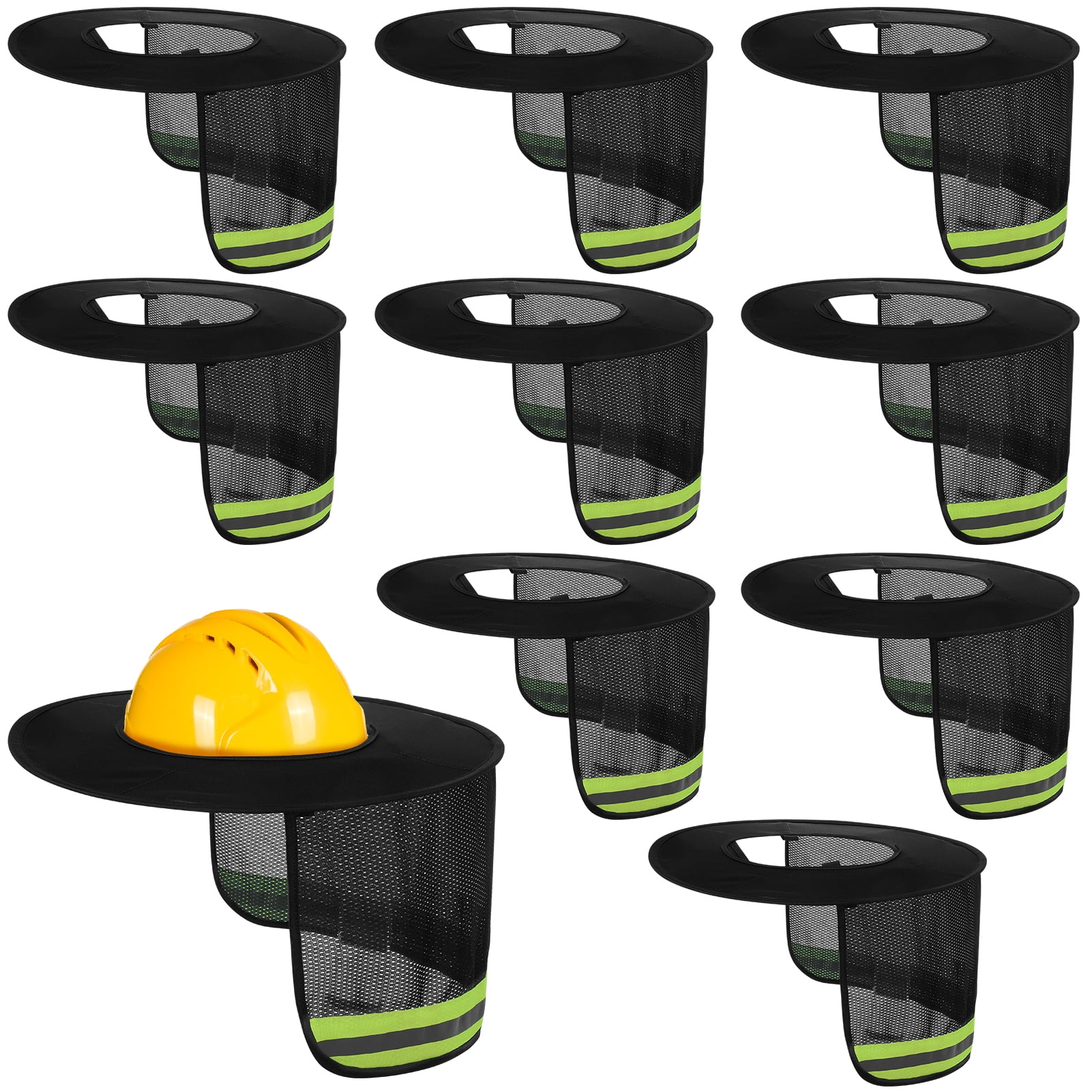 Armscye 10 Pcs Hard Hat Sun Shade with Reflective Strip, High Visibility Full Brim Hard Hat Visor, Neck Cover Shade Hard Hat Accessories for Men Women, Hard Hat Not Included(Black)