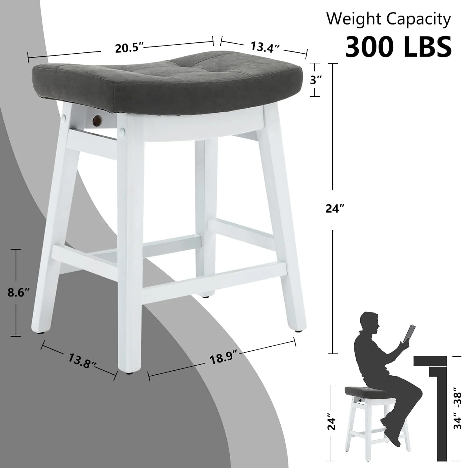 OUWI 24 Inch Bar Stools Counter Height Set of 2 Solid Wood Legs PU Leather Saddle Soft Cushion Seat for 34