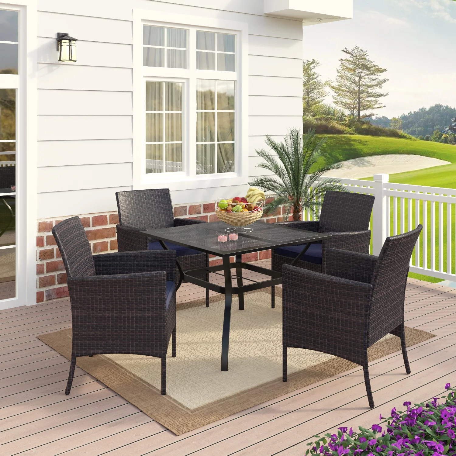 MF Studio Outdoor 5 Piece Wicker Dining Sets Patio Furniture with 4 Pieces Wicker Dining Chairs with Blue Cushion and 1 Piece Square Metal Dining Table