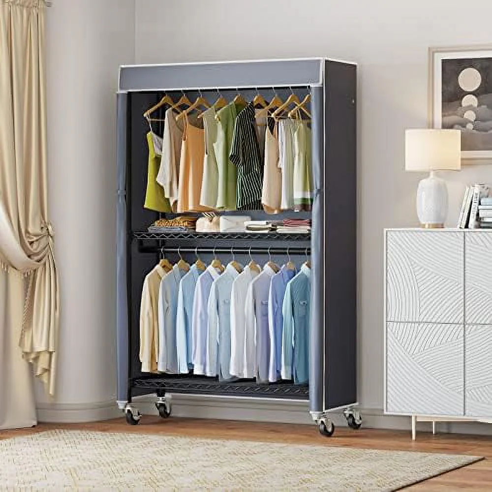 ZWNLKQG V12C Heavy Duty Rolling Garment Rack with Cover Clothing Rack for Hanging Clothes Portable Closets with Adjustable 3 Wire Shelving & Double Rods  Wardrobe on Wheels  Black Rac