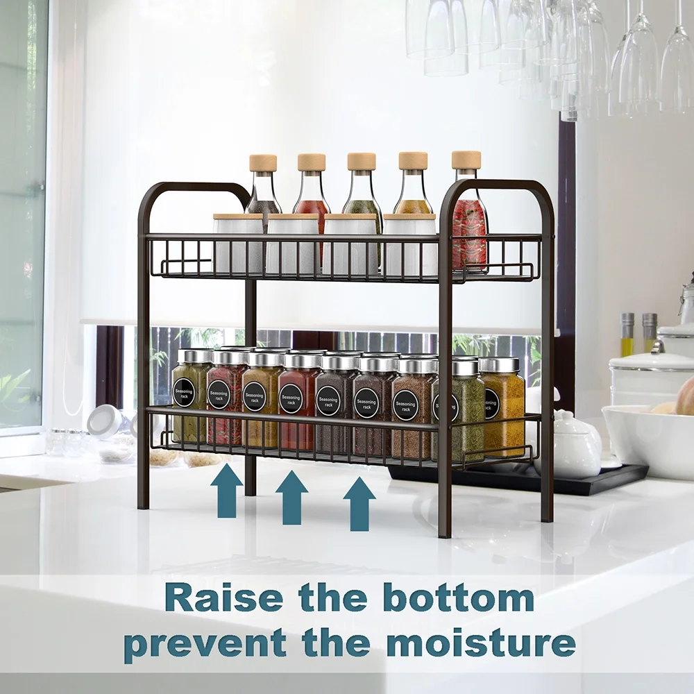 Spice Rack Organizer for Cabinet Countertop, 2 Tier Freestanding Metal Kitchen Storage with Shelf Liner for Kitchen Cabinet Bathroom Pantry Office