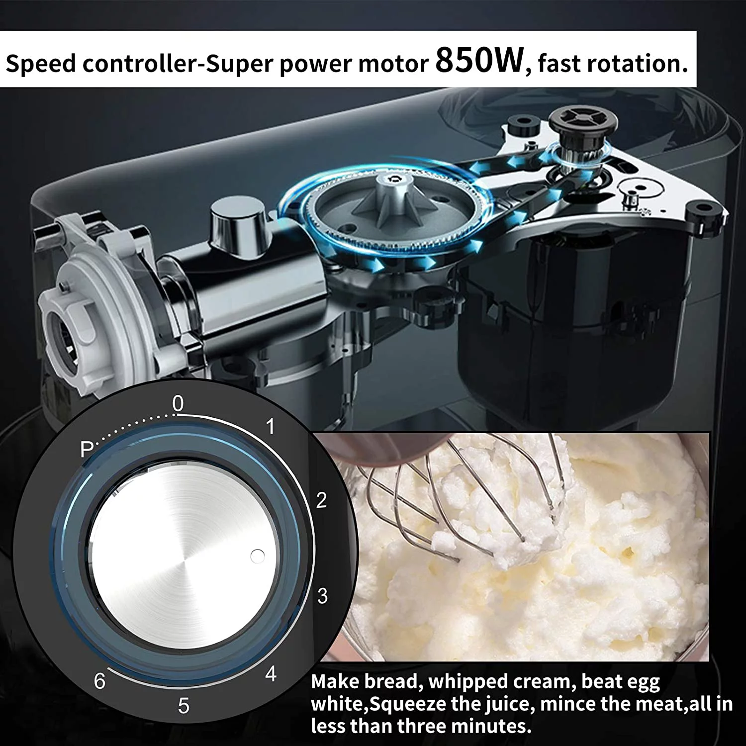 Nurxiovo Stand Mixer 850W 6 Speed Tilt-Head Kitchen Mixer with 6.5QT Mixer with Stainless Steel Bowl, Dough Hook Whisk Beater, Multifunction 3 in 1 Standing Mixers and Juice Extractor Black