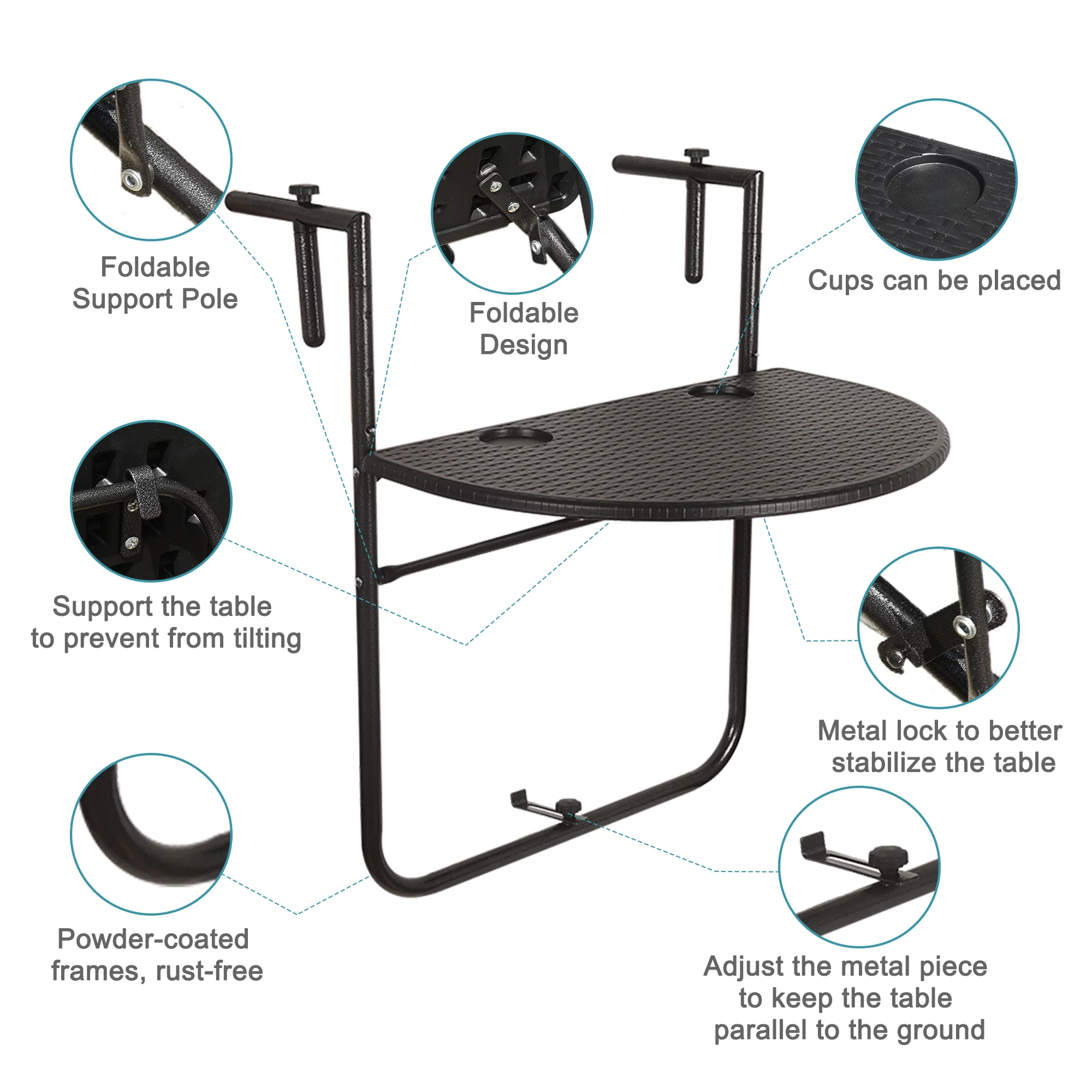 Prime Garden Folding Hanging Table Balcony Railing Table,Black