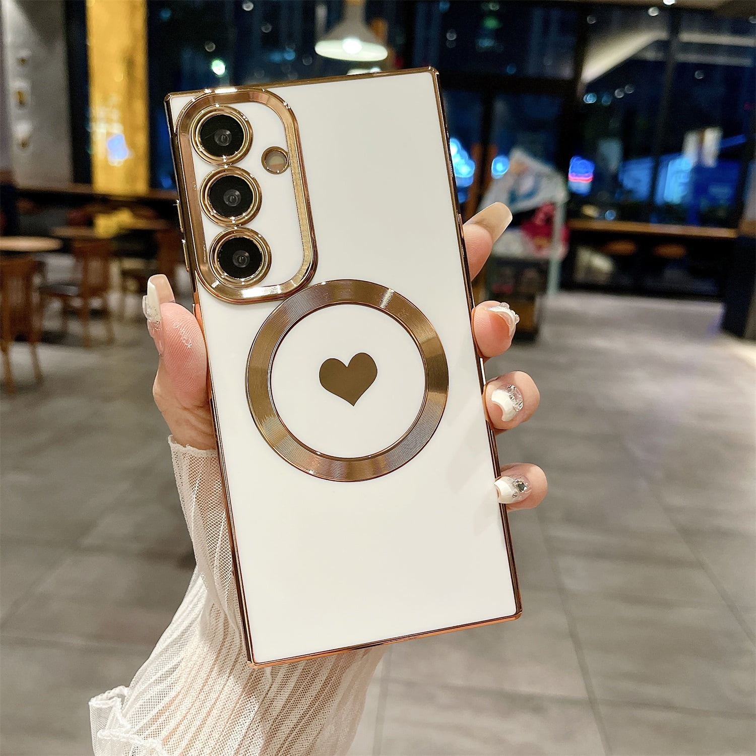 SaniMore Square Case for Samsung Galaxy S23 Ultra 5G 2023 with MagSafe, Luxury Plating Cute Heart Full Camera Lens Protection Magnetic Shockproof Bumper Back Cover for Women Girls, White