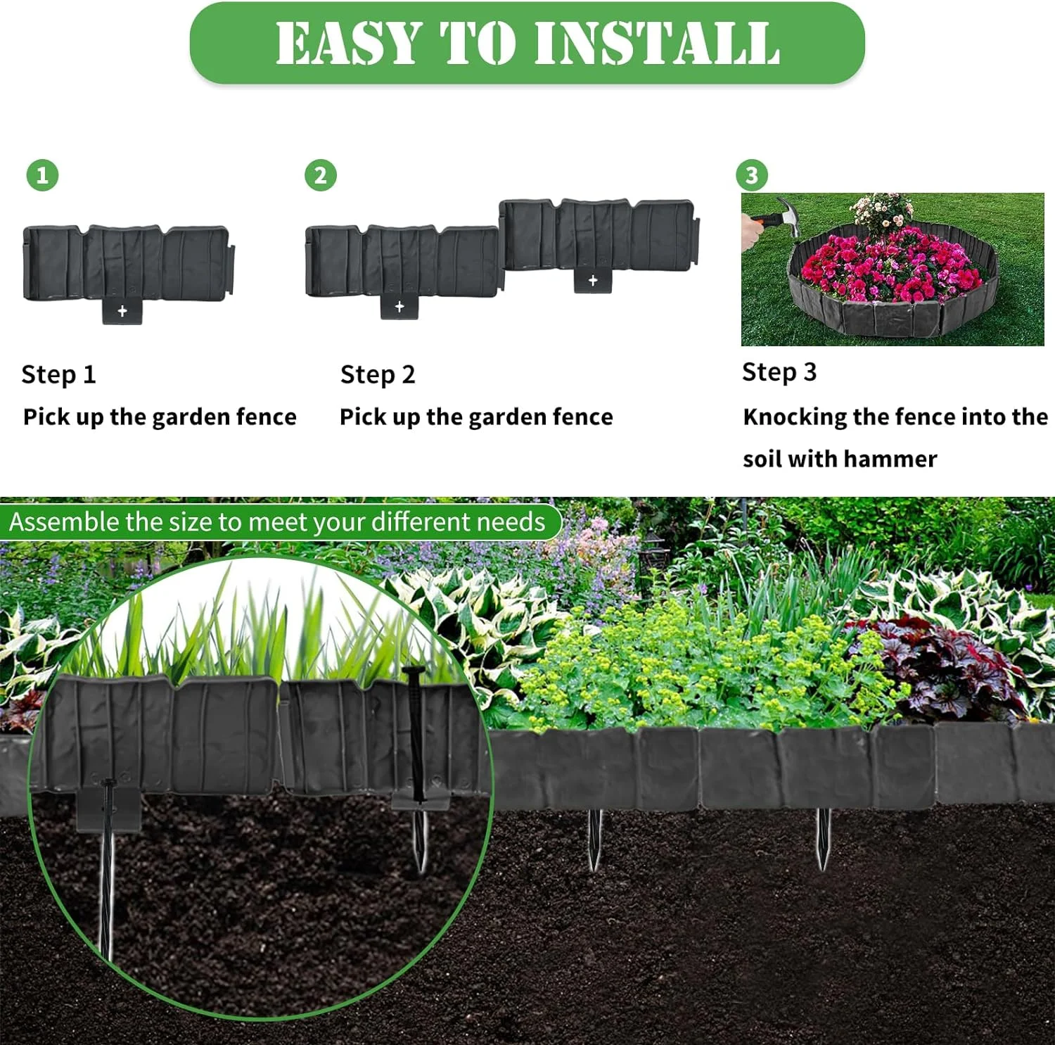 DSTESS Garden Edging Border, 32ft Long Plastic Landscape Edging No Dig for Flower Beds, Garden Edging Imitation Stone Border, Garden Borders and Edging for Landscaping,40pcs,Black