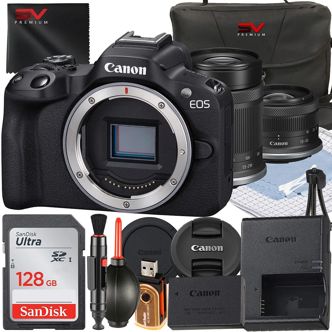Canon EOS R50 Mirrorless Camera with RF-S 18-45mm + 55-210mm Lens + SanDisk 128GB Memory Card + Case + SV Premium Accessory Bundle