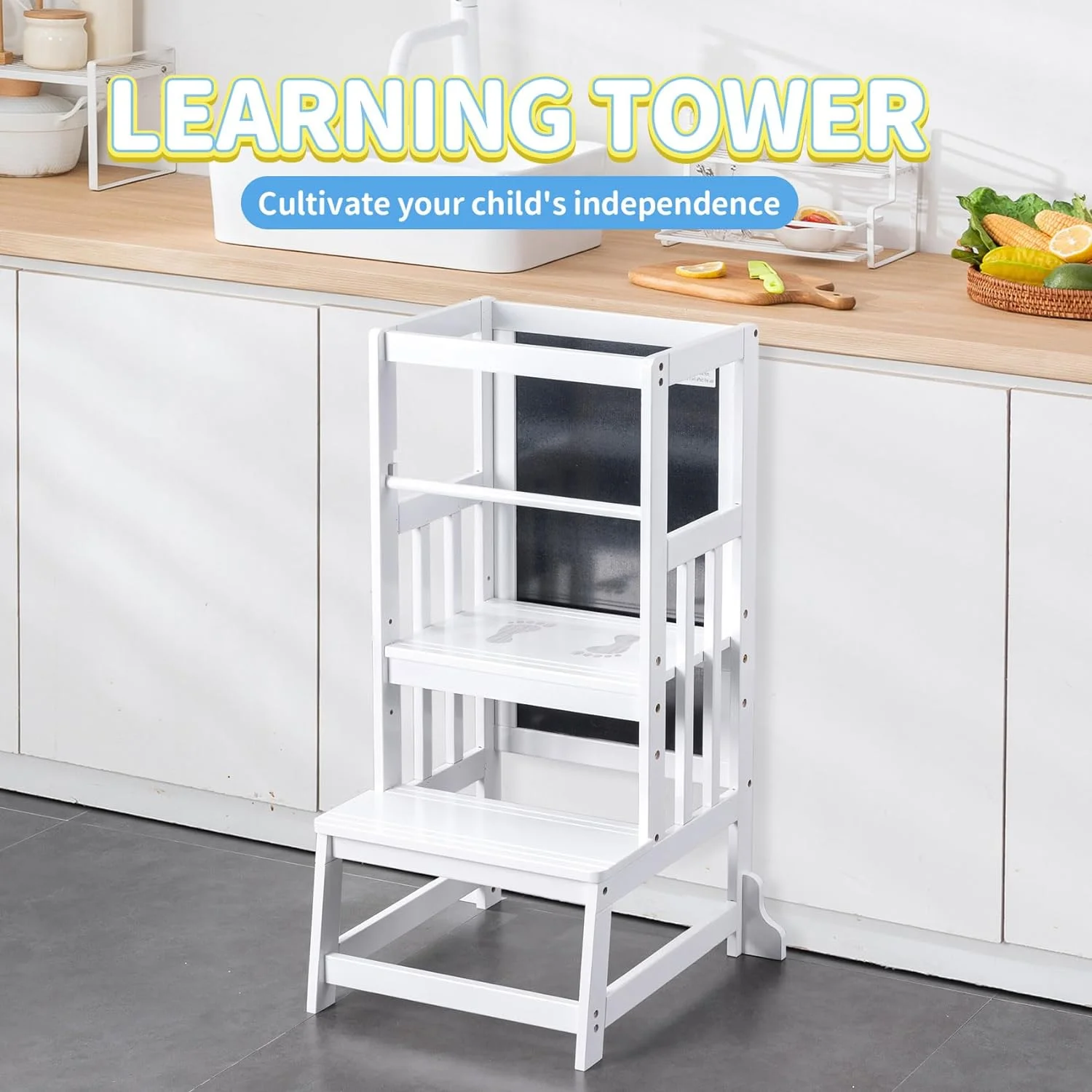 Bamboo Adjustable Height Kids Learning Step Stool, Toddler Kitchen Standing Tower, Montessori Kitchen Step Stool With Double-Side Art Board For Creative Play (D057-White)