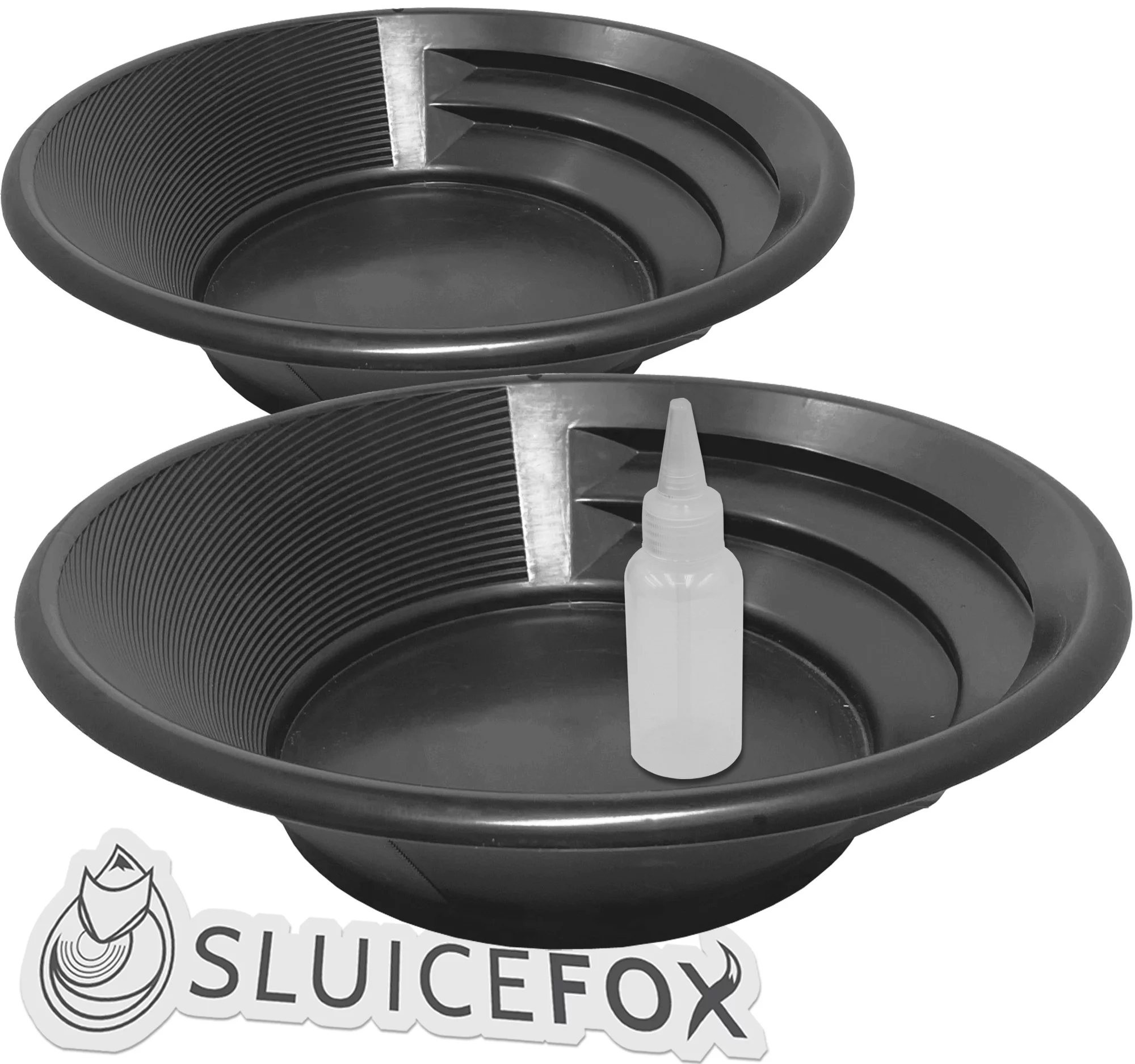 Sluice Fox Gold Panning Starter Kit for adults and kids; 15 inch black dual riffle style spiral gold pans and snifter bottle, gold rush panning kit batea para oro; gold prospecting tools (Black)