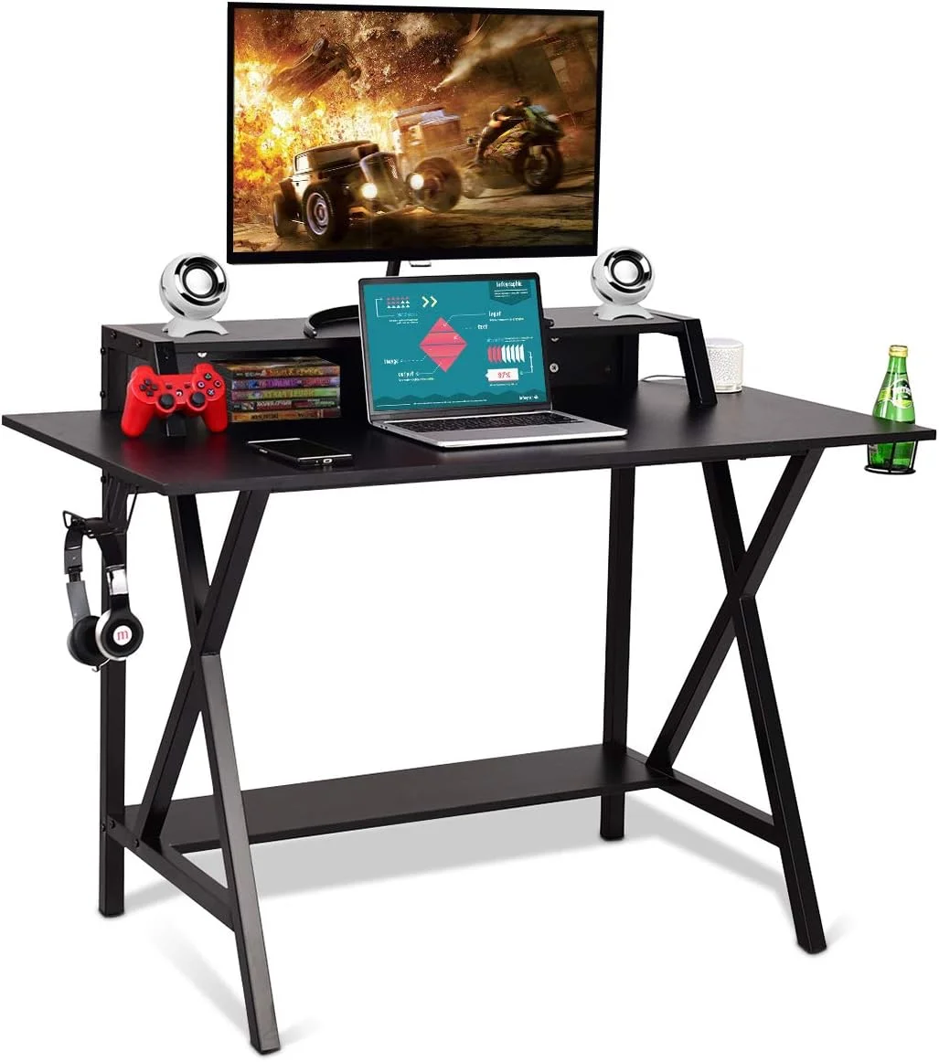 JDZHAPPYLIFE 48-inch Game Desk  E-Sport Gaming Workstation Table with Headset Hook  Cup Holder  Built-in Power Strip Black