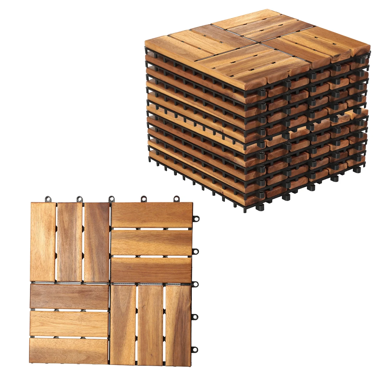 Wood Deck Tiles, 12''x12''(10pcs) Interlocking Acacia Deck Tiles for Garden Porch Indoor Outdoor, Solid Wood Flooring Tiles