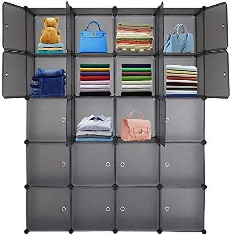 20 Cube Organizer Stackable Plastic Cube Storage Shelves Design Multifunctional Modular Closet Cabinet with Hanging Rod Gray