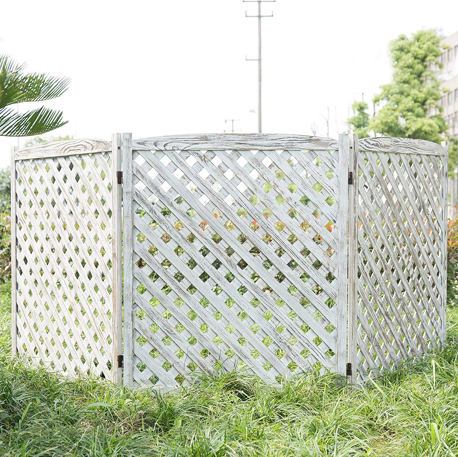 MyGift Garden Lattice Privacy Screen White Washed Wood Trellis Folding Fence Enclosure, 3-Panel Enclosure for Climbing Plants