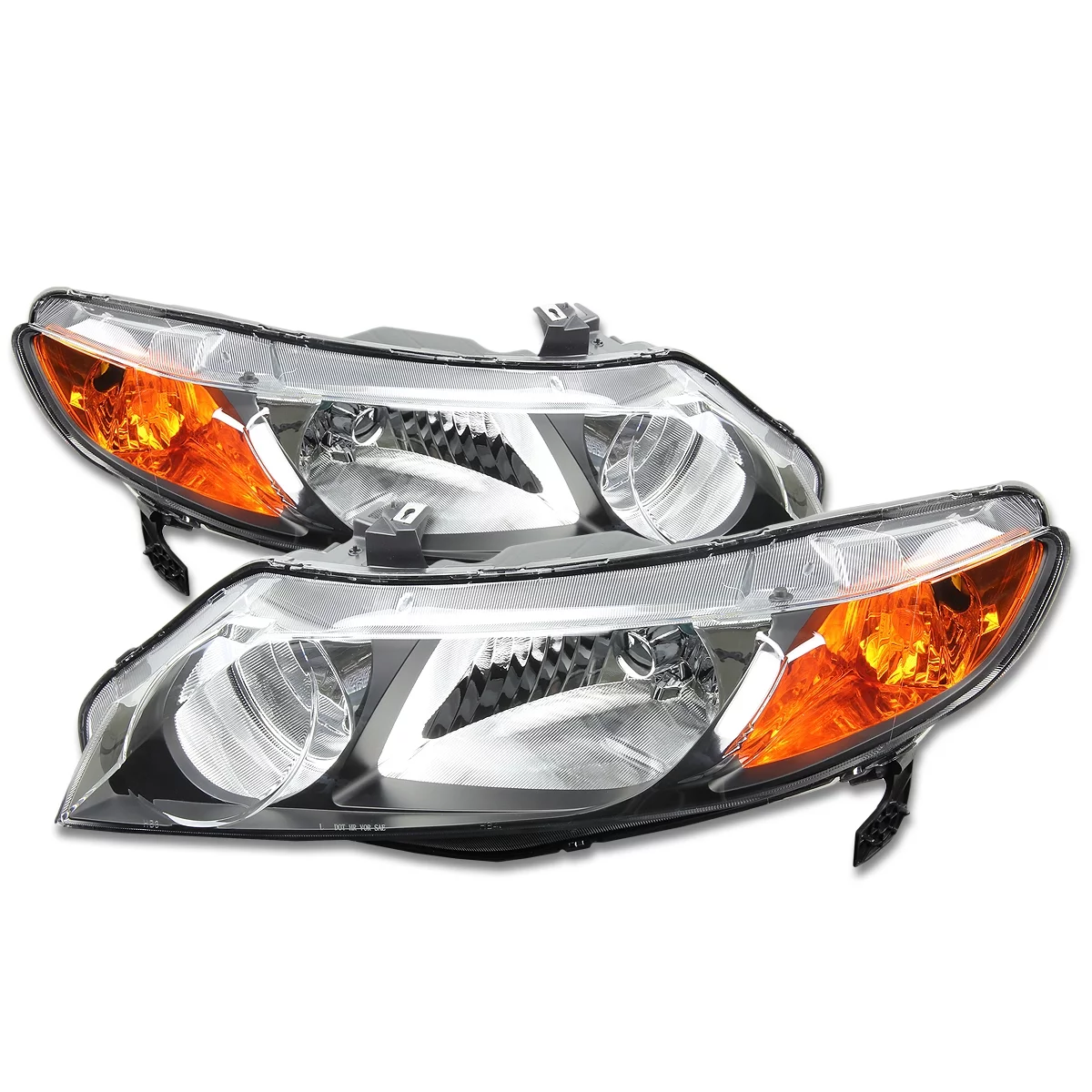 DNA Motoring HL-OH-HC064D-BK-AM For 2006 to 2011 Honda Civic 4-Dr Sedan Pair Black Housing Amber Corner Headlight Headlamps 07 08 09 10 Left + Right