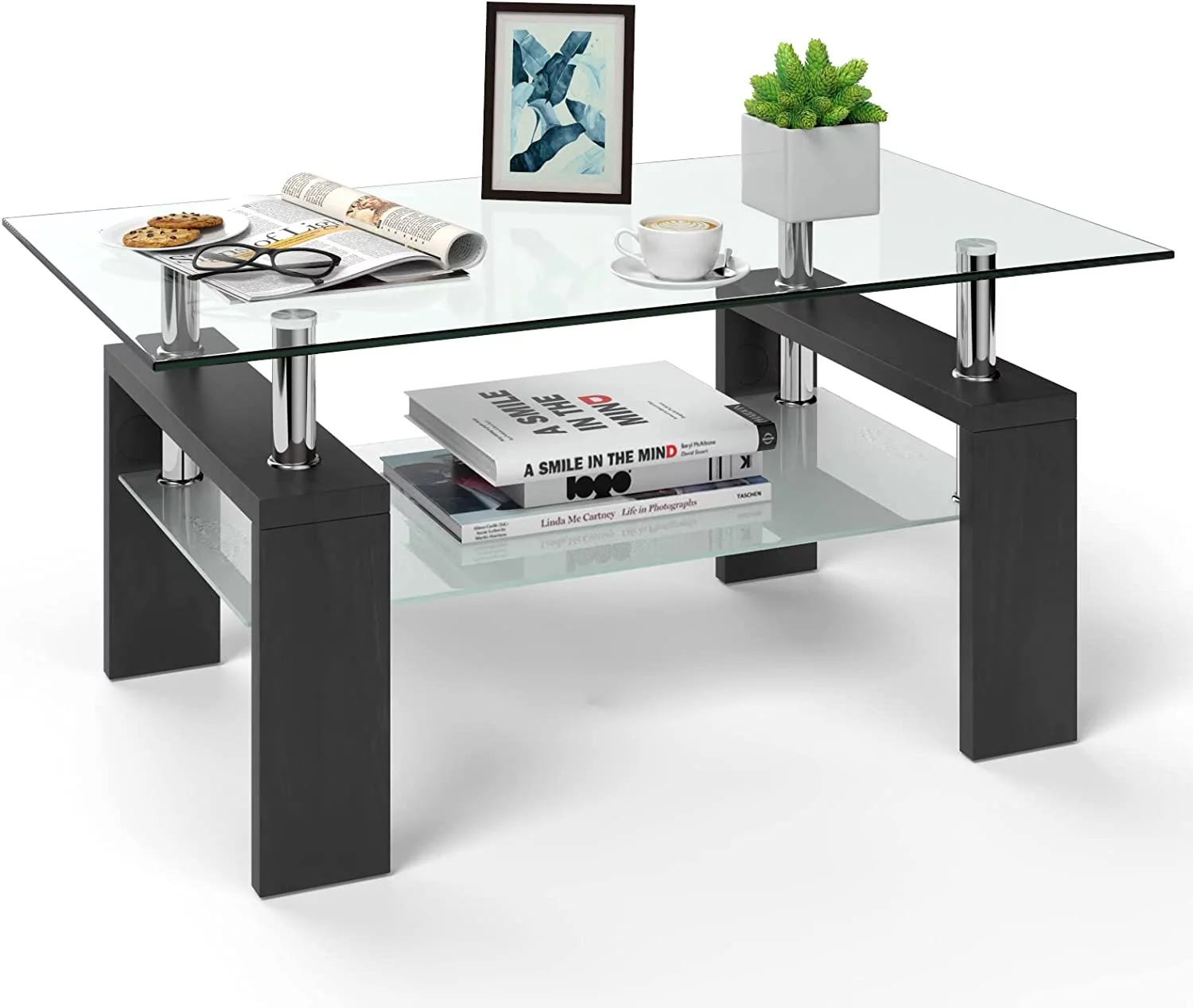 Rectangle Glass Coffee Table, 2-Tier Tea Table w/Tempered Glass Tabletop & Stainless Steel Tube, Modern Center Side Table w/Wooden Legs & Lower Shelf, Glass End Table for Living Room