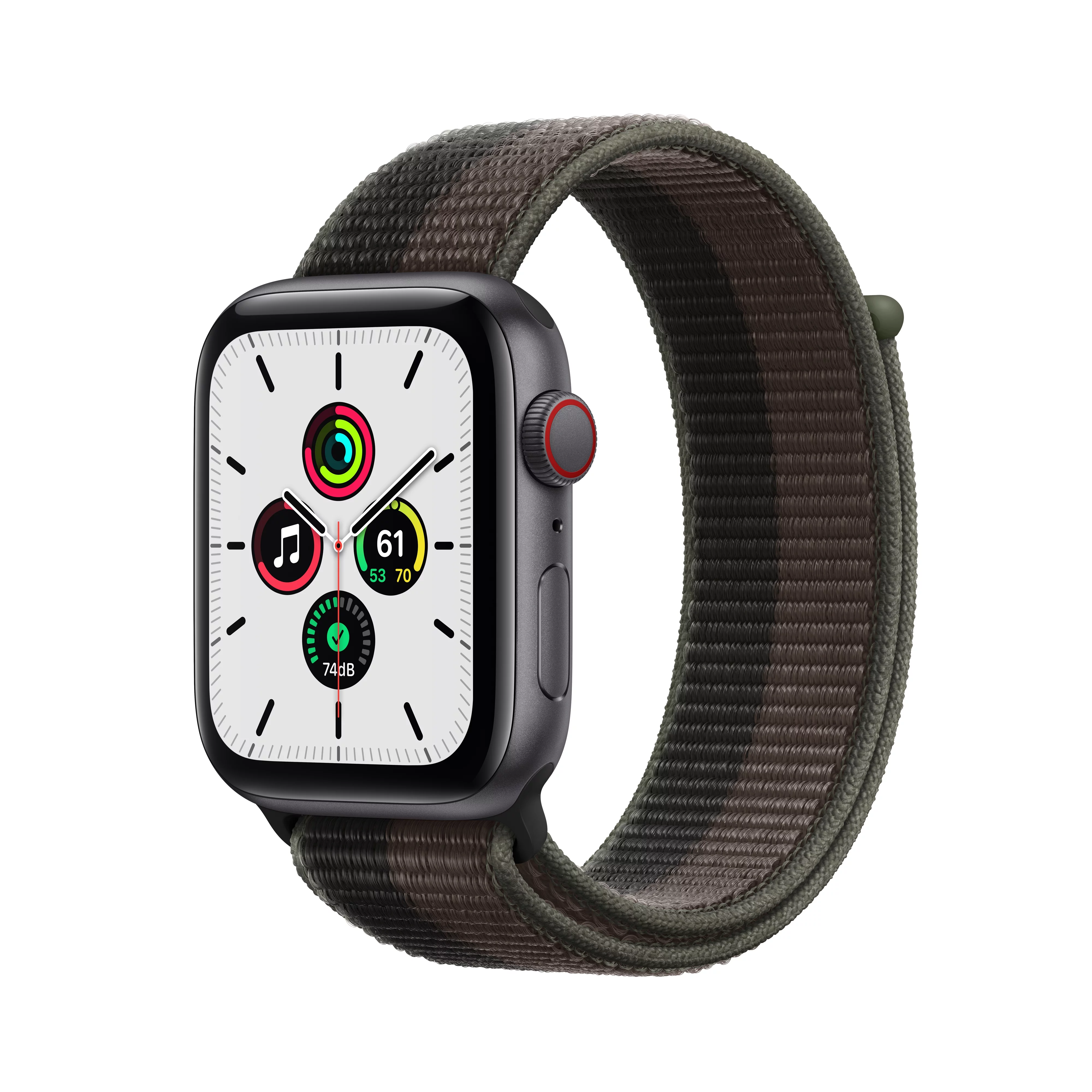 Apple Watch SE (1st Gen) GPS + Cellular, 44mm Space Gray Aluminum Case with Tornado/Gray Sport Loop