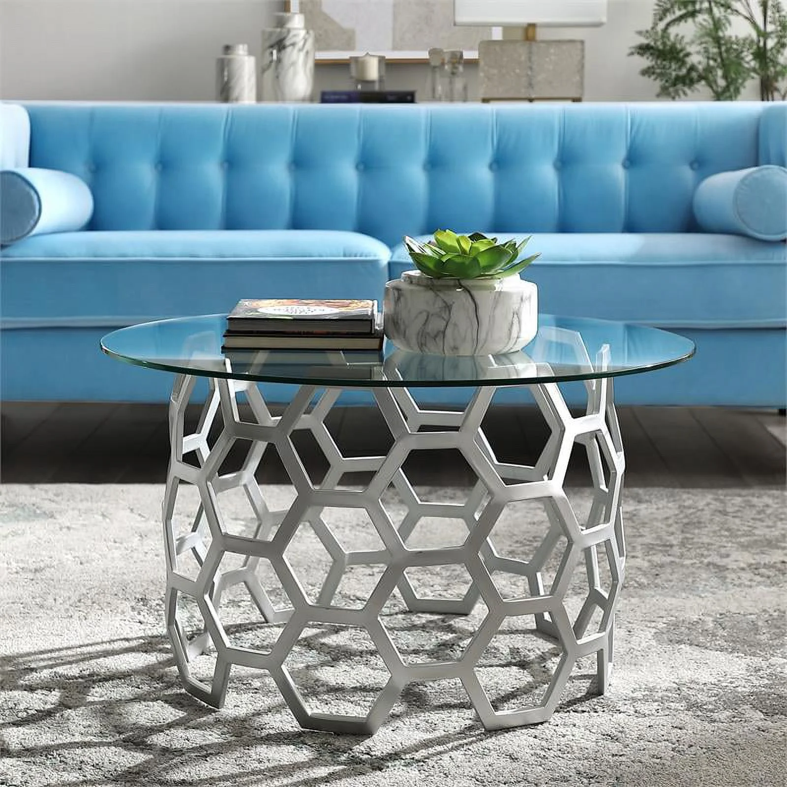 Bowery Hill Round Glass Top Coffee Table in Silver