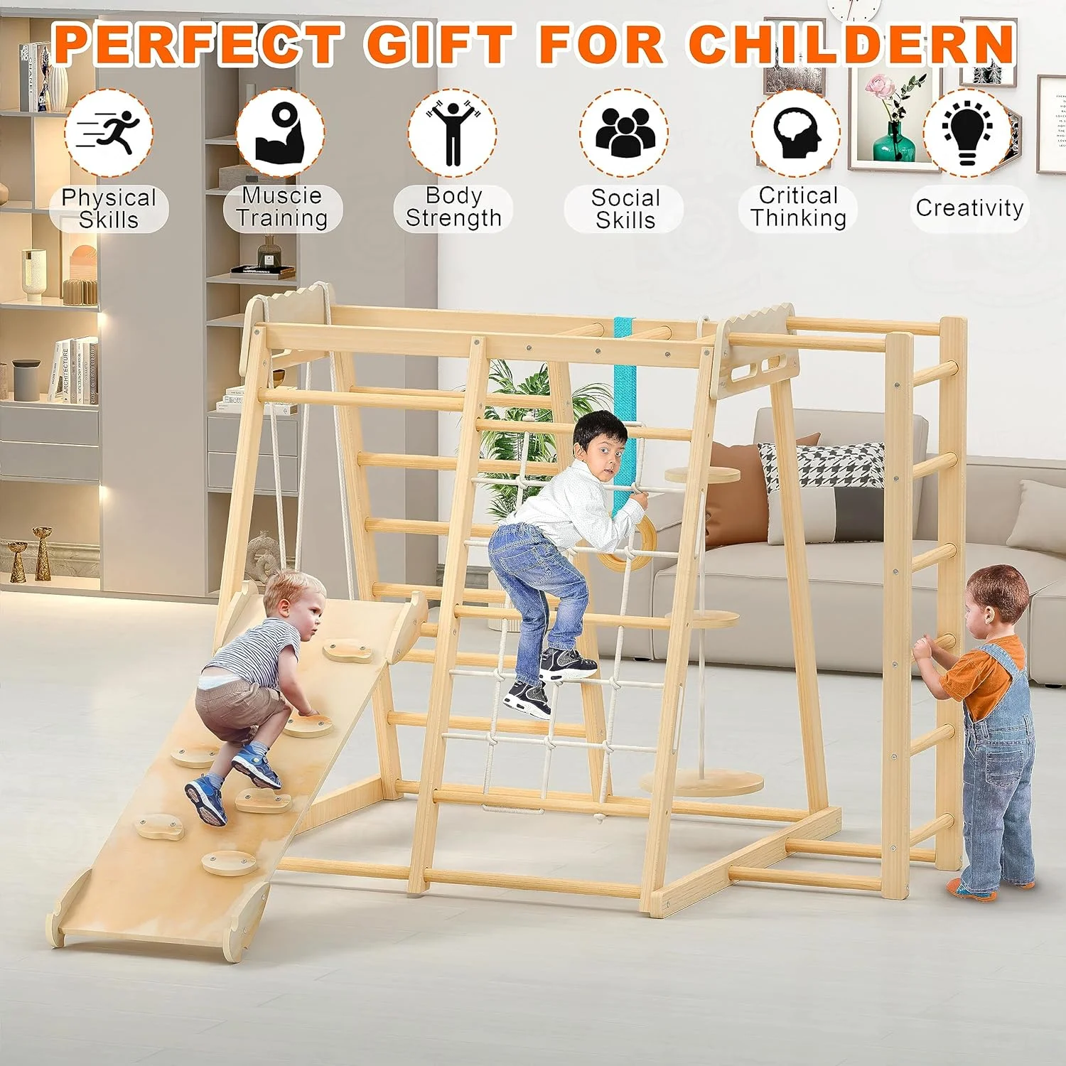 Jungle Gym, Toddler Climbing Toys, Indoor Playground Climbing Toys for Toddlers, Montessori Style Playground Sets for Backyards with Slide, Climbing Wall, Rope Wall Climber, Monkey Bars, Swing