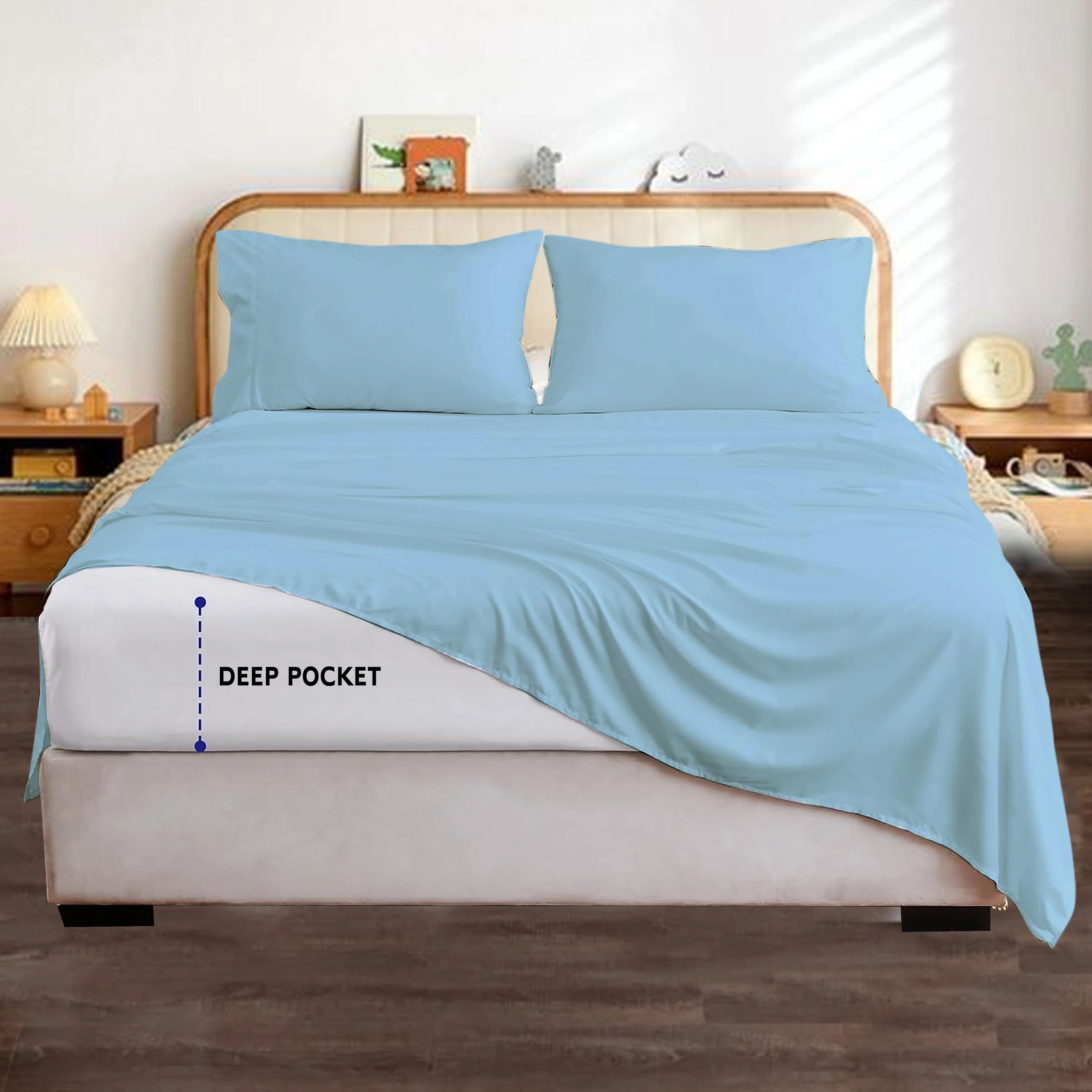 VEGAS HOTEL COLLECTION Soft Sheets 400 Thread Count Pure Egyptian Cotton { 4-PCs } Sheet Set fits up to 14-15 Inch Deep { Pattern : Solid Guarantee (Queen, Light Blue)