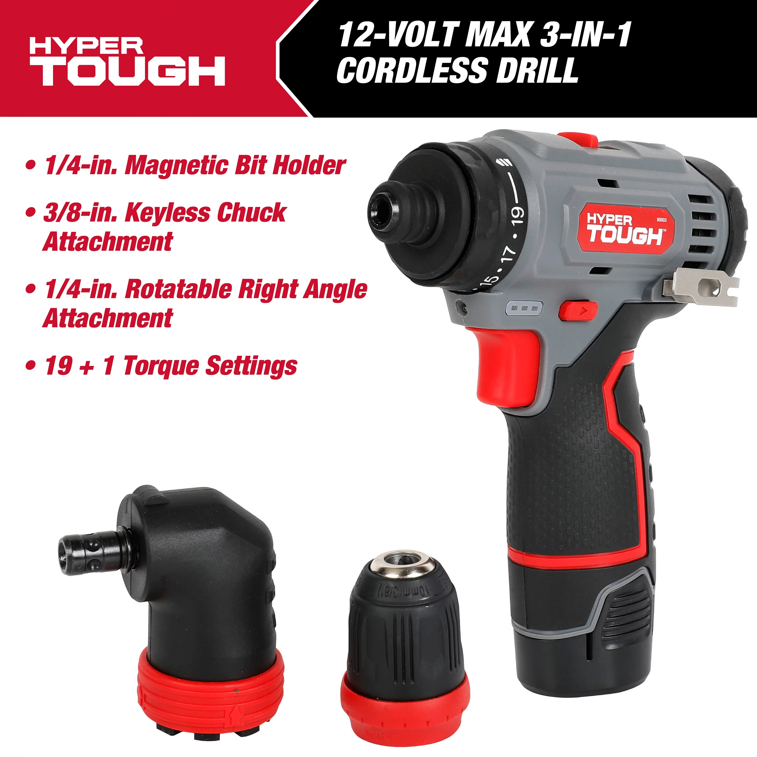 Hyper Tough 12V Max Lithium-Ion 3-in-1 Multi-Head Power Drill Set with 1.5Ah Battery and Charger, 80003