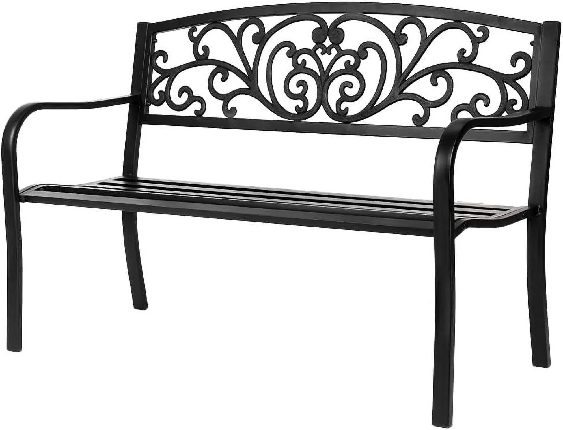 Outdoor Bench for Patio Metal Garden Bench w/PVC Back Pattern, Black Park Bench Front Porch Bench for Yard Lawn Decor Deck Entryway (Floral)