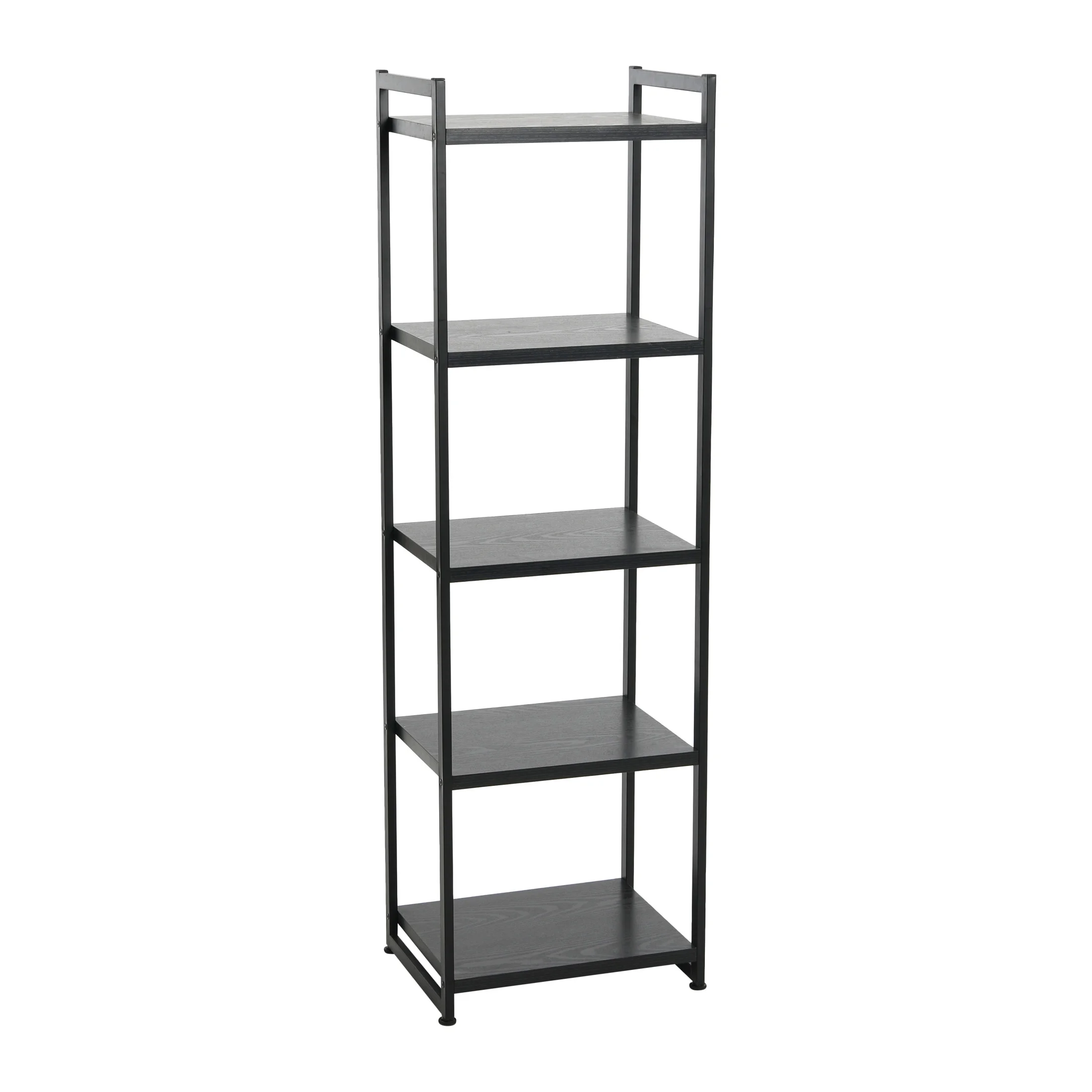 Household Essentials Tower Bookshelf, Tall and Narrow Bookshelf with 5 Shelves, Black Metal and Black Oak Woodgrain Finish, Industrial and Modern