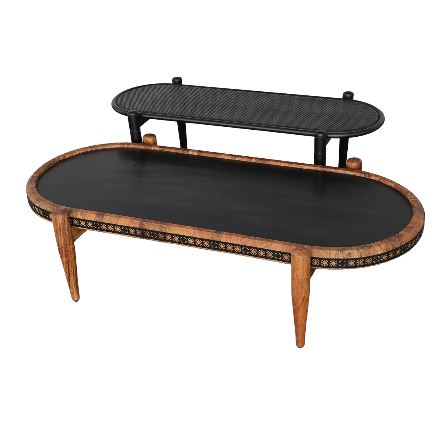 Maykoosh Retro Revival 50, 39 Inch 2 Piece Oval Acacia Wood And Metal Nesting Coffee Table Set, Brown And Black