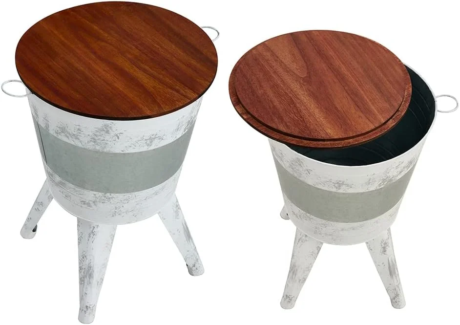 TJVNLDE Metal  with   Rustic Barrel  Farmhouse End   for Indoor & Outdoor Stool Ottoman with Wood Lid-Grey
