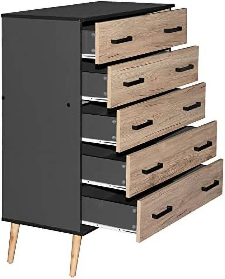 xrboomlife Eli Mid-Century Modern 5 Drawer Chest in White & Natural Oak