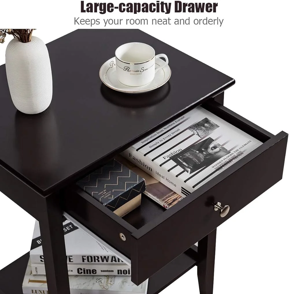 JYHOME Nightstand Wooden 2-Tier Couch Sofa  with Drawer     Solid Wood Legs Mufti-Functional Home   Room Bedroom Study Room End  (1) ()